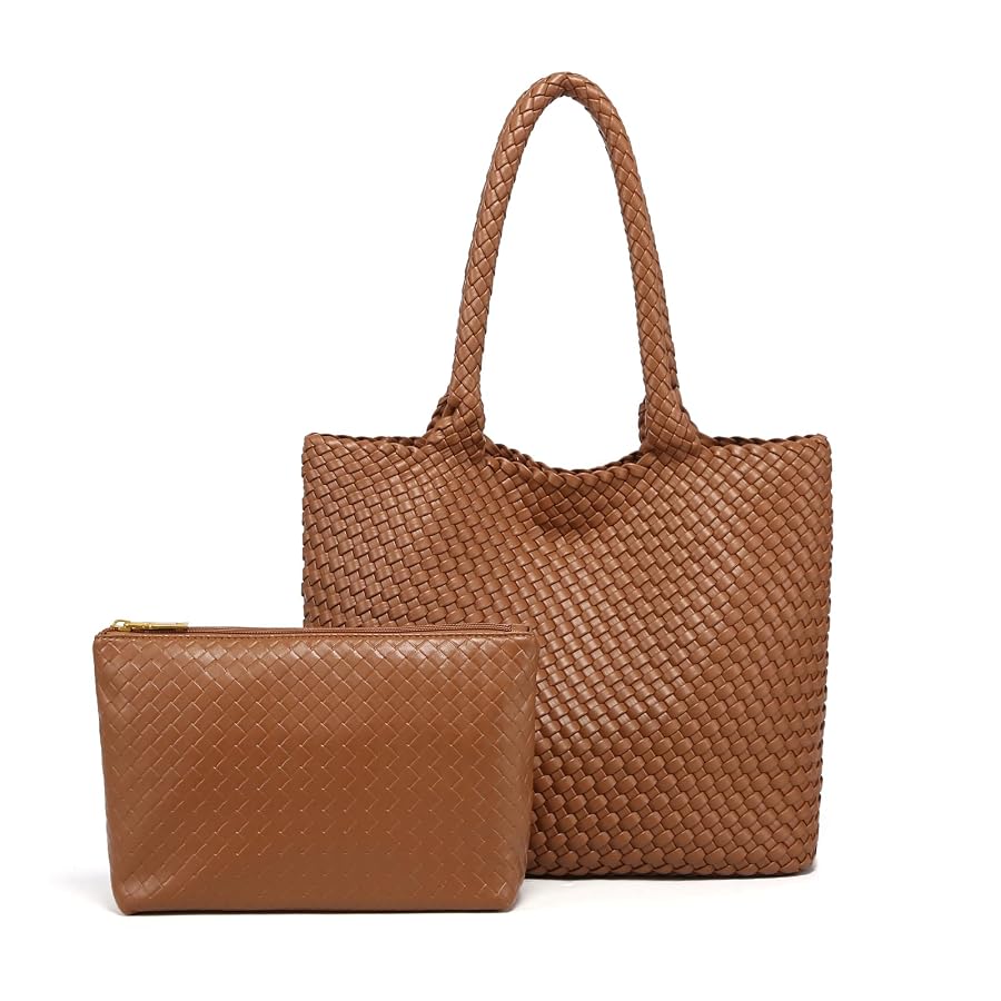 Woven Tote Bag for women,Vegan Leather Woven Handbag, Shoulder bag with Pouch, fits13-14” laptops