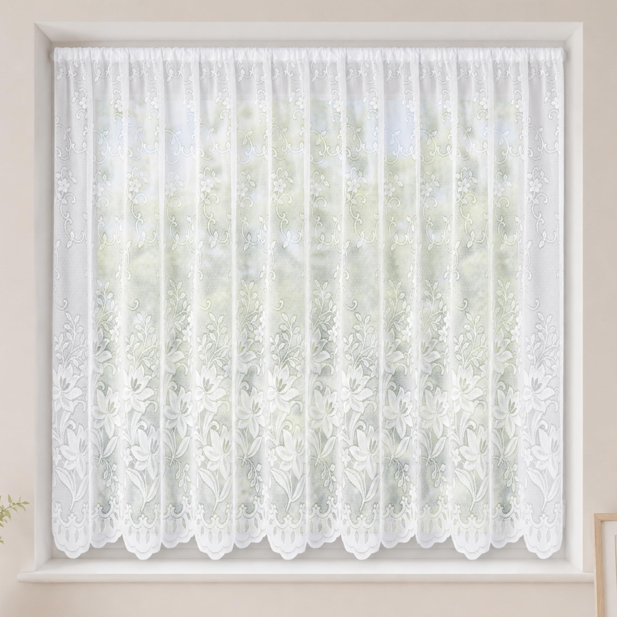 72" (183cm) Drop - Camellia White Traditional Floral Lace Net Curtain With Scalloped Hem - Sold By The Metre - Quantity Ordered Supplied In One Continuous Piece - Privacy Design - Slot Top Heading