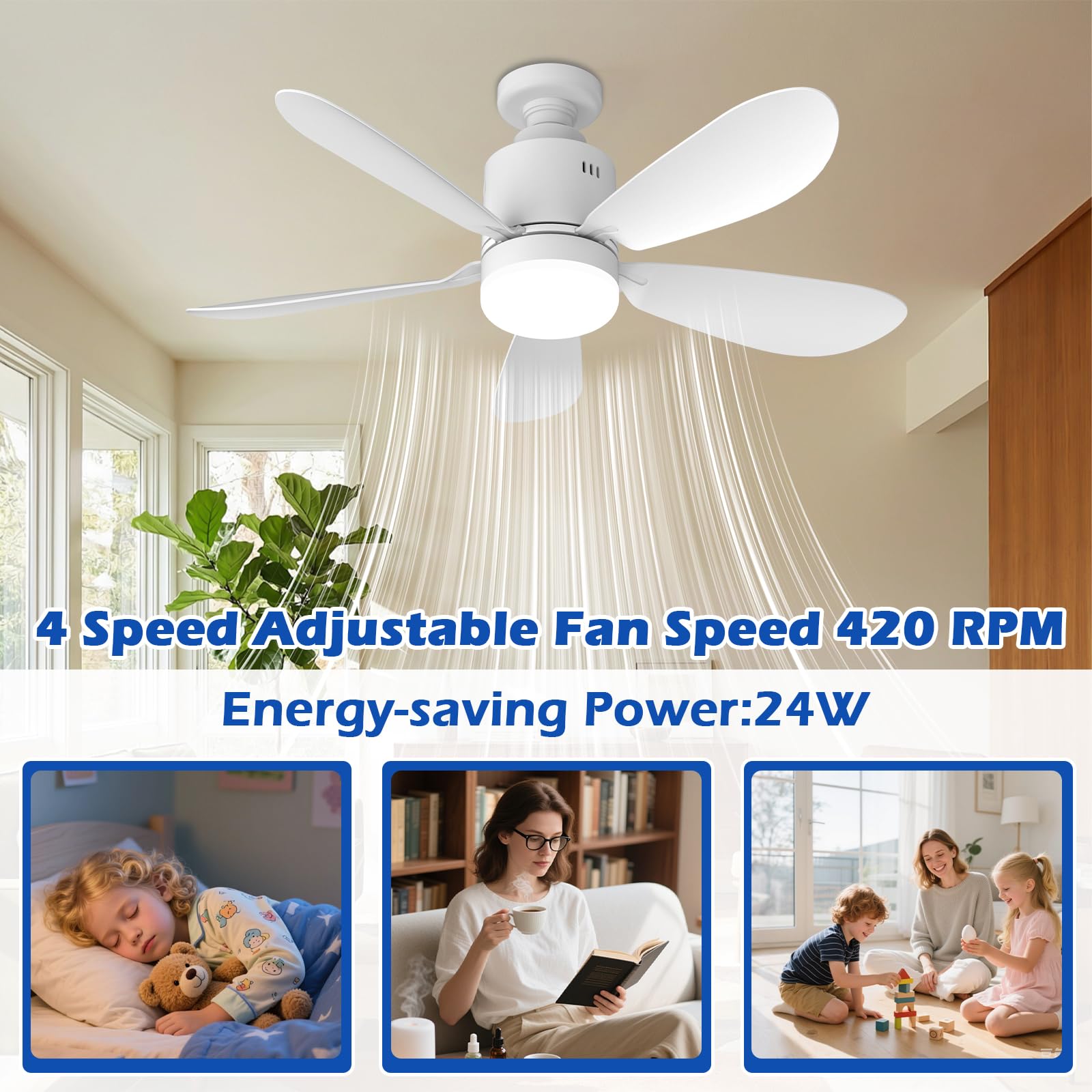 53cm Ventiladores para el Techo con Lámpara, Ventilador Techo con Luz LED y Mando a Distancia 24W, Temporizador, 3 Tonos de Luz, 4 Velocidades, Incluye Base