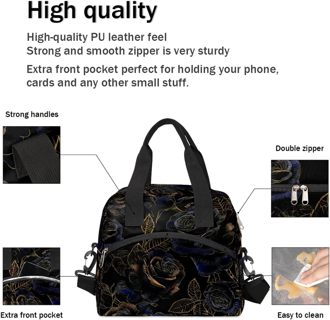 cfpolar Lunch Bag Golden Blue Rose Lunch Box for kids, Reusable Insulated Leakproof Meal Prep Organizer Tote Thermal Cooler Bag with Shoulder Strap for girl boy Adult School Office Picnic
