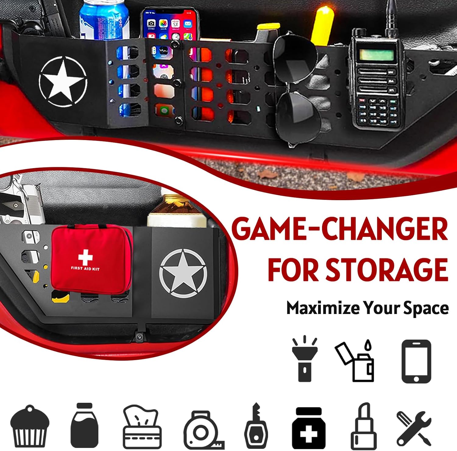 Metal Front and Rear Door Pocket Storage for Jeep Wrangler | Door Pocket for Wrangler JL/JLU 4XE (2018-2025) & Gladiator JT (2020-2025) | Door Storage Accessories | Non-Fit Power Seats | 4PCS, Star