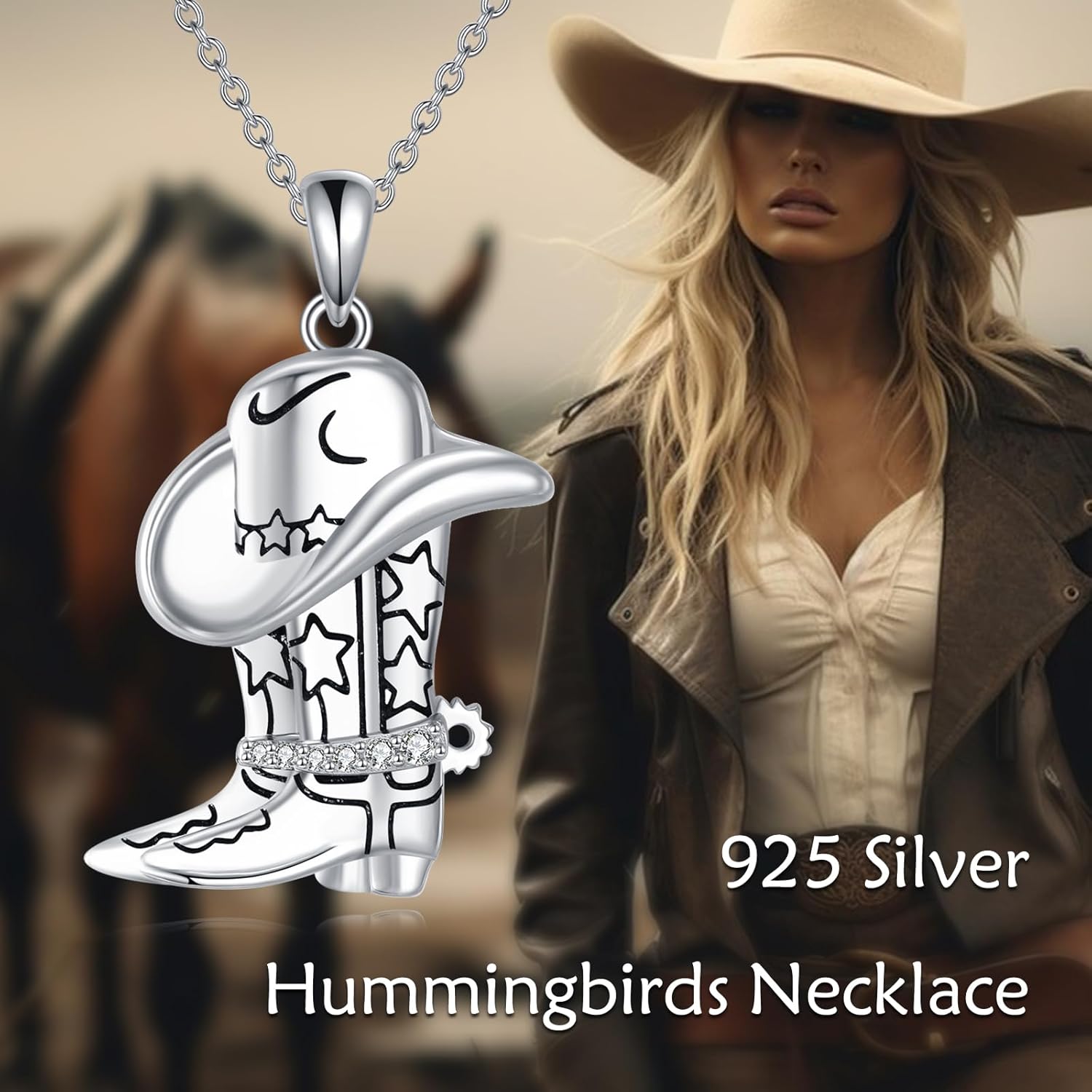 Cowboy Boot Necklace 925 Sterling Silver Cowgirl Hat Pendant Necklaces Western Country Jewelry Equestrian Gift for Women Men Cowboys Cowgirls Horse Lovers - Image 5