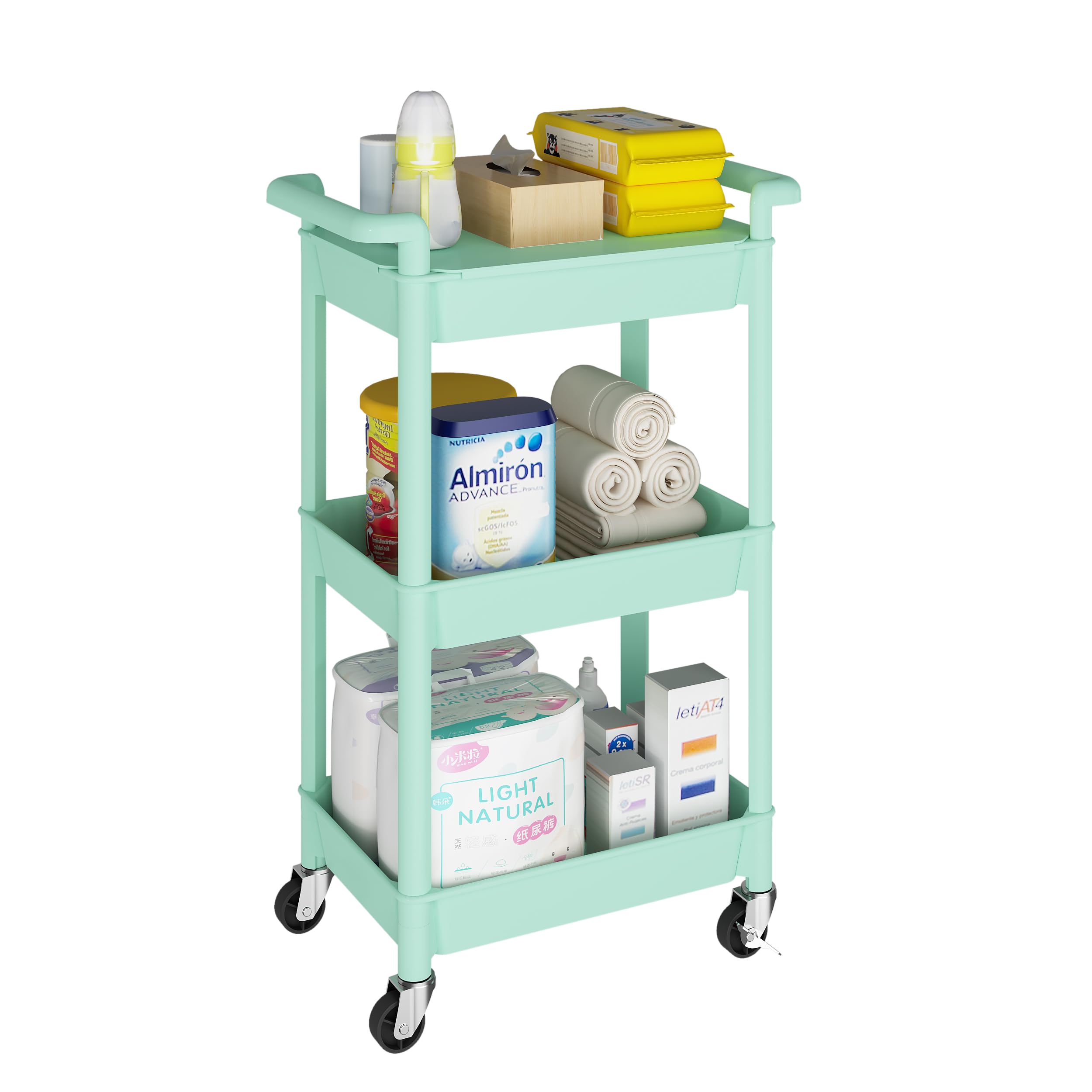Photo 1 of ***FOR PARTS ONLY/ HAS MAJOR DAMAGE CANNOT ASSEMBLE*** MIOCASA 3-Tier Utility Rolling Cart with Cover Top Board, Kitchen Storage Organization, Art Cart with Wheels for Office, Classroom, Livingroom, Kitchen, Bathroom, Green, Plastic