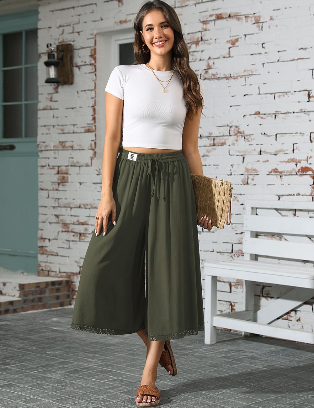 TARSE Women's Linen Culottes Wide Leg Flowy Capri Pants Palazzo Casual Drawstring Summer Loose Lace Capris with Pockets - Image 5