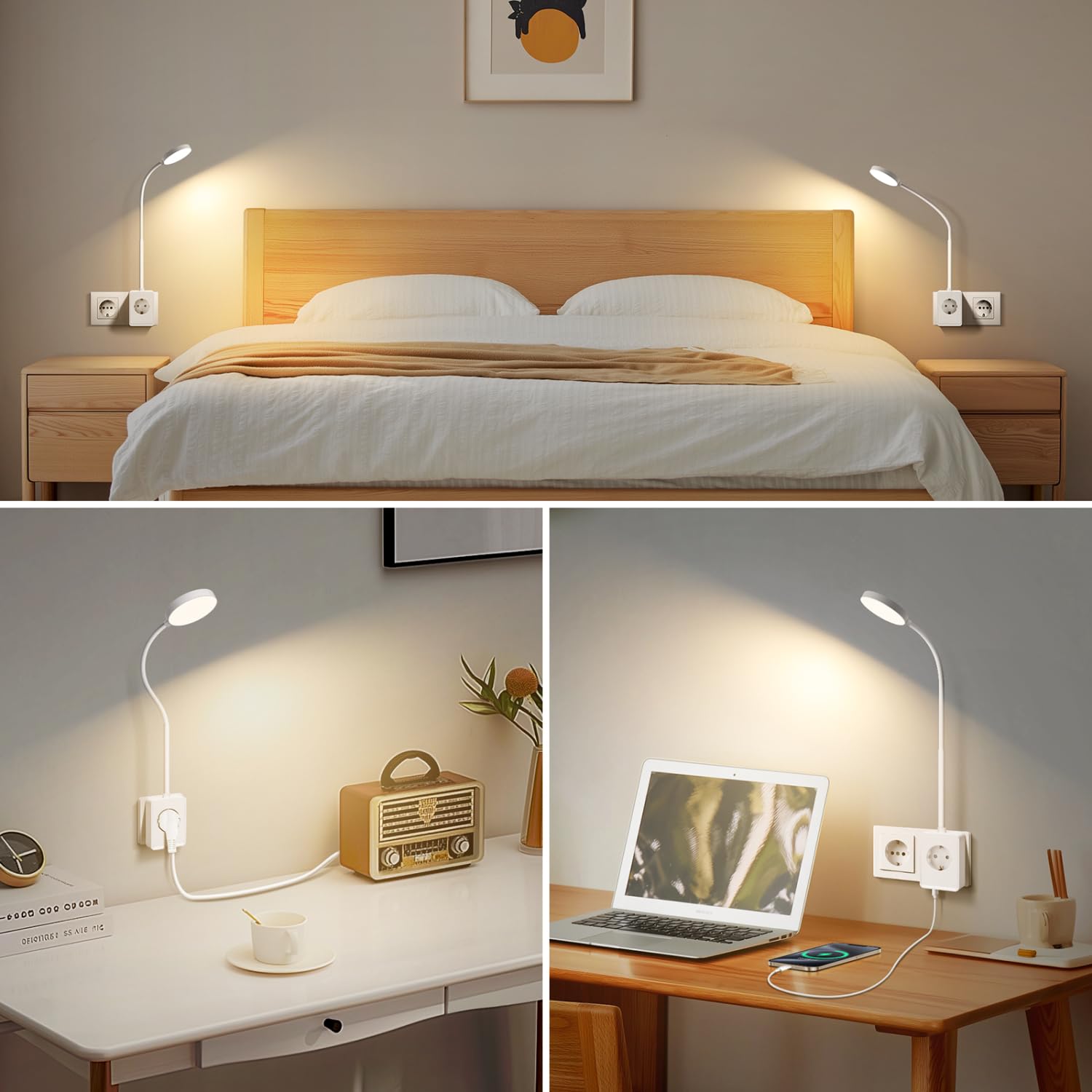 Aigostar LED Wandleuchte mit Stecker und Steckdose, Schlafzimmer Steckdosenlampe Touch-Dimmer, 3 Lichtfarben, Leselampe mitTyp C/USB Ladeanschluss, 360° flexibler Hals, Weiß