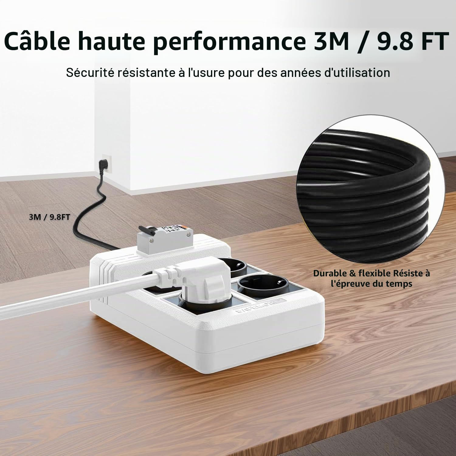 Multiprise avec disjoncteur FI intégré, 4 prises RCD avec interrupteur FI/LS 16 A/250 V, 3680 W, avec rallonge de 3 m et disjoncteur RCBO 30 mA (blanc)