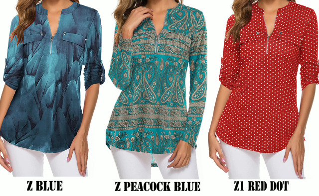 LuckyMore Womens Notch V Neck Long Sleeve Zipper Shirts