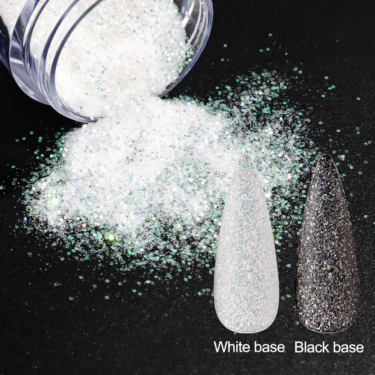 White Black Nail Sugar Glitter Powder Shining Sugar Coating Effect Holographic Nail Dipping Powder Loose Glitter Nails Decorations with Brush Nail Salon Supplies