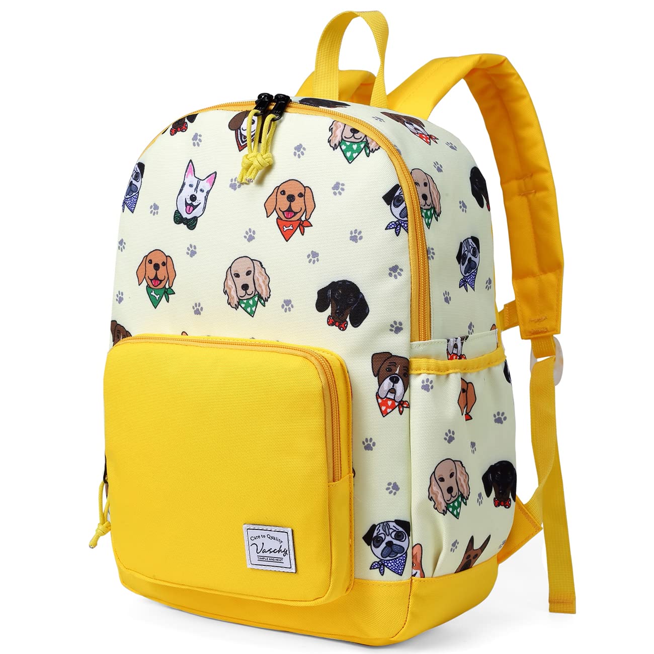 VASCHY Mochila Niño, Mochila Escolar para Niños de 4-6 Años Mochila Infantil Resistente al Agua con Correa de Pecho Bolsillos Laterales y Etiqueta de Nombre para Escuela, Patrón de Perritos
