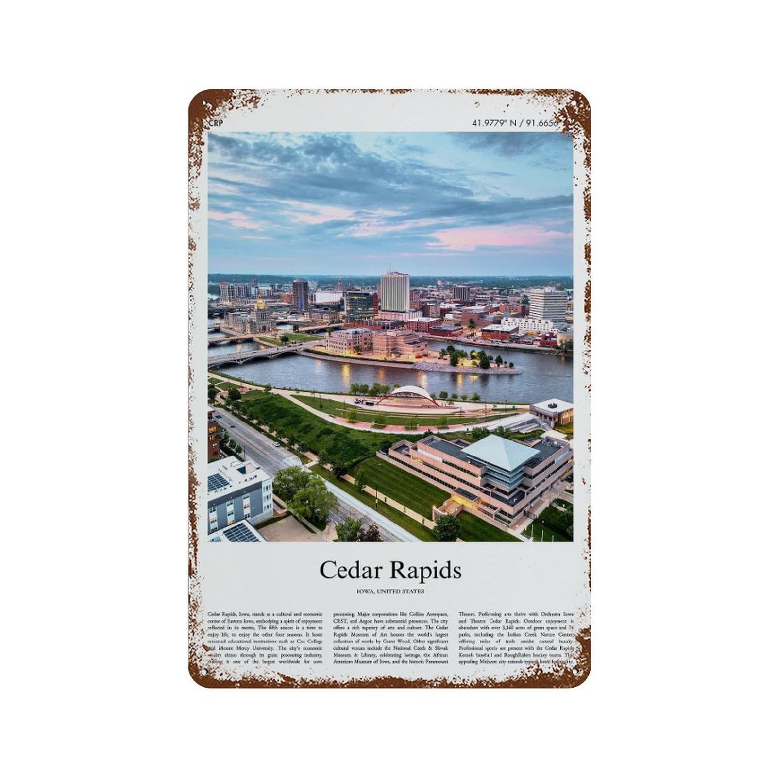 xiaoxiaoshen Cedar Rapids Iowa, United States, USA City Scenery Wall Decor Art Metal Tin Poster Modern Home Decor Art Home Bar Shop Decorations Vintage Sign 30x20cm