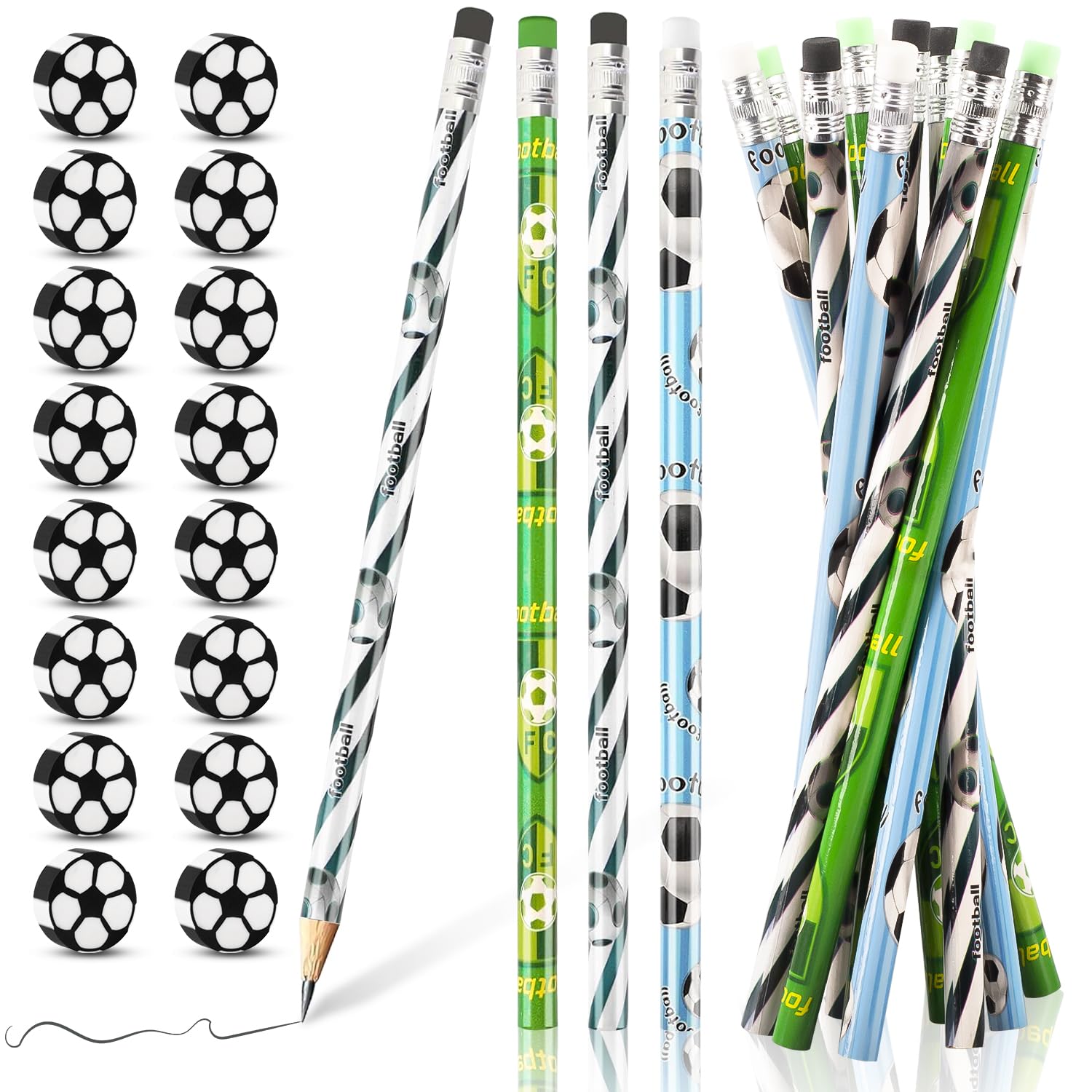 48 Pezzi Festa Tema Calcio 24 Matite da Calcio e 24 Gomme Calcio, Perfetti Come Regali per i Bambini per Compleanni a Tema Calcio o per Feste, Set di Cancelleria a Tema Calcio
