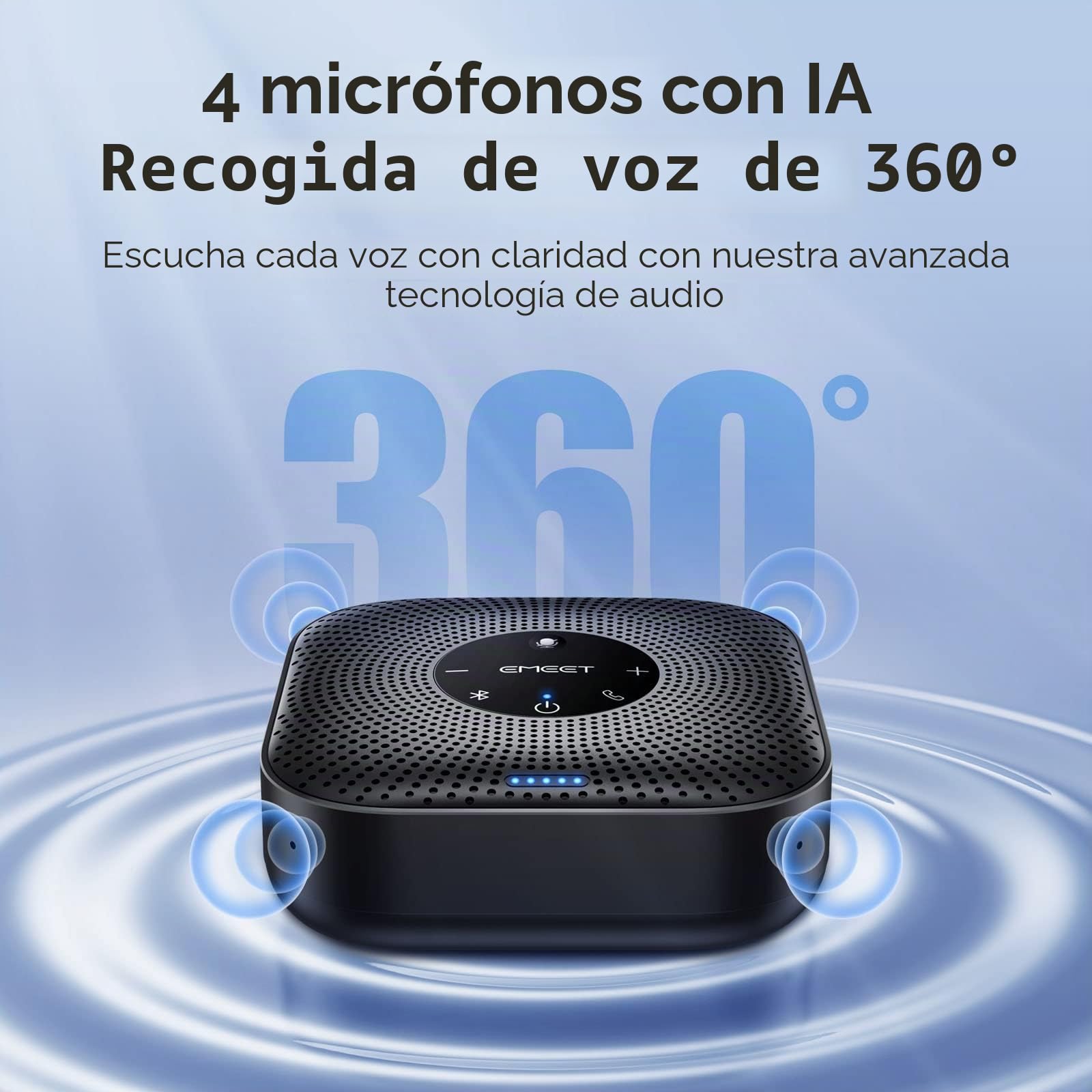 EMEET Altavoz de conferencia M0 Plus, 4 micrófonos AI 360°, reducción de ruido, altavoz USB C, altavoz de conferencia Bluetooth para 8 personas con cadena de margaritas para 16 compatible con software