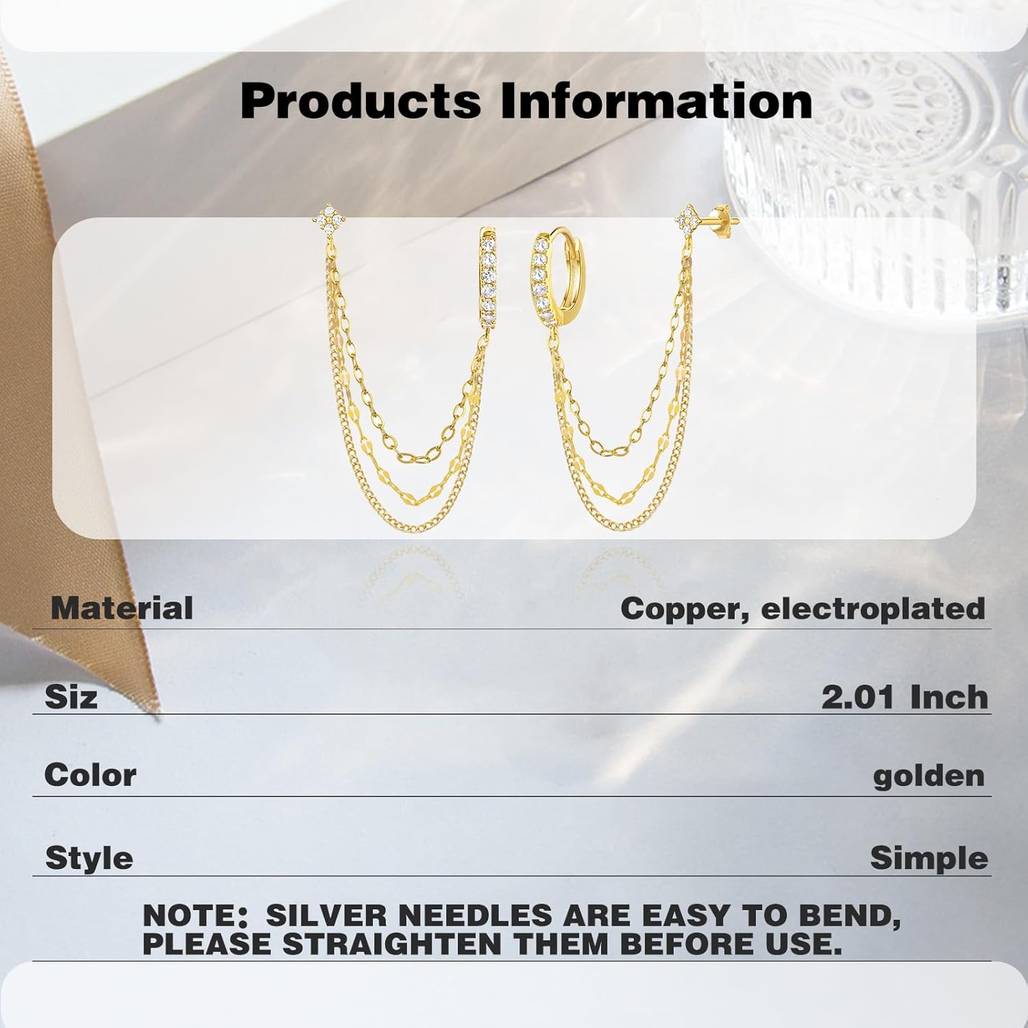 925 Sterling Silver Four Zircons Flower Stud Double Piercing Chain Earrings | Double Piercing Dangle Three Chains Hoop Earrings | Double Piercing Earrings Gifts Jewelry for Women - Image 5