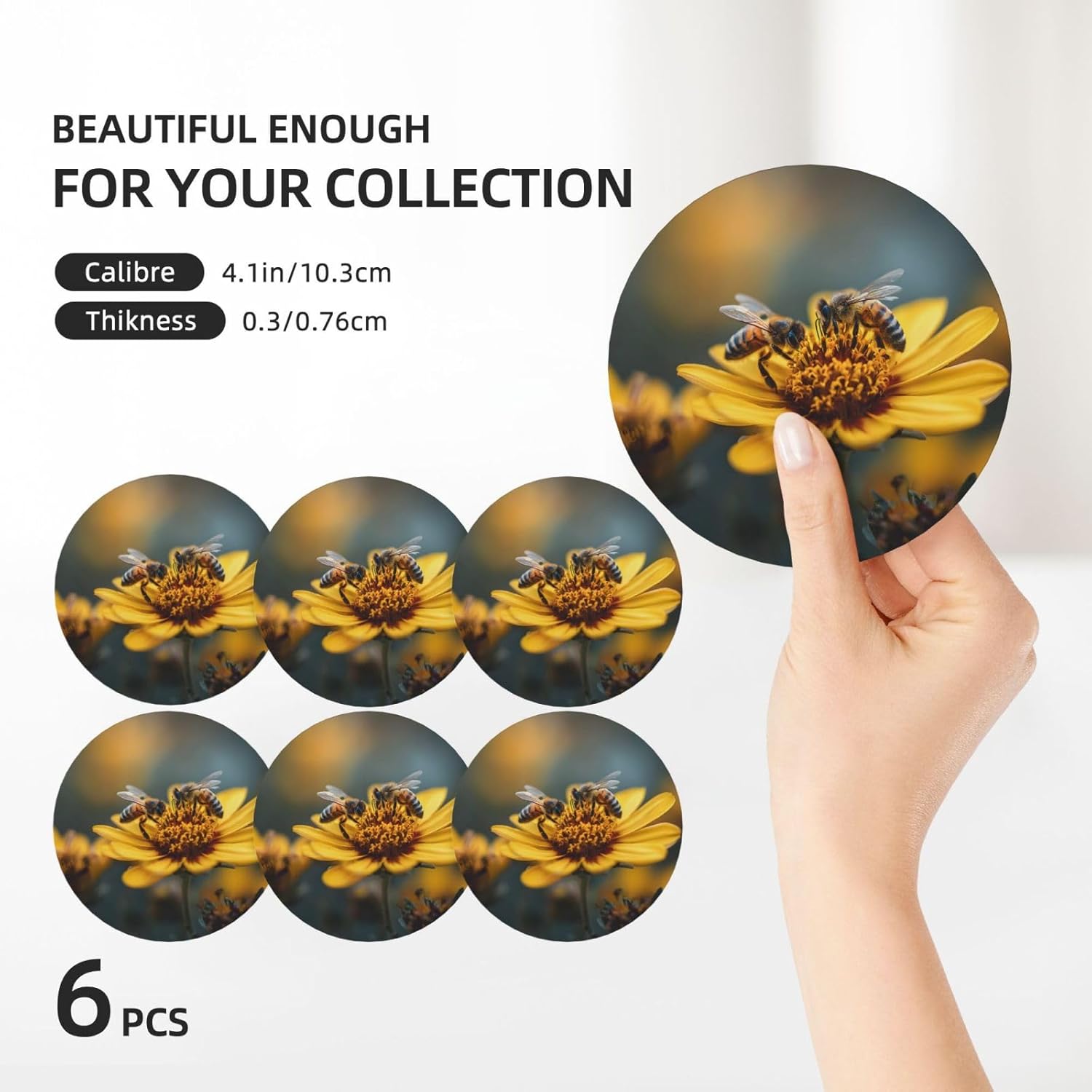 (Bees on Flower) Ceramic Coasters Set of 6 with Holder Non-Slip Round Coffee Coasters for for Cup Mug Drink Patio Coffee Table Decor, Christmas Coasters Home Bar Supplies