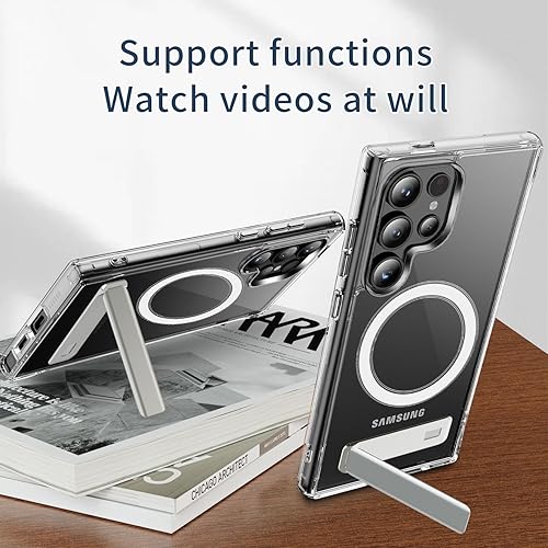 Miniatura 2 de Funda transparente con función atril para Samsung Galaxy S25 Ultra, funda magnética de cristal con soporte de metal, compatible con MagSafe, soporte