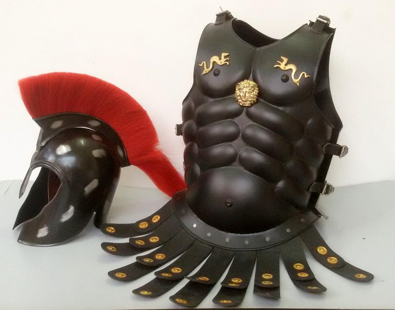 Muscle Armor Cuirass Jacket with Troy Helmet Halloween Costume Black