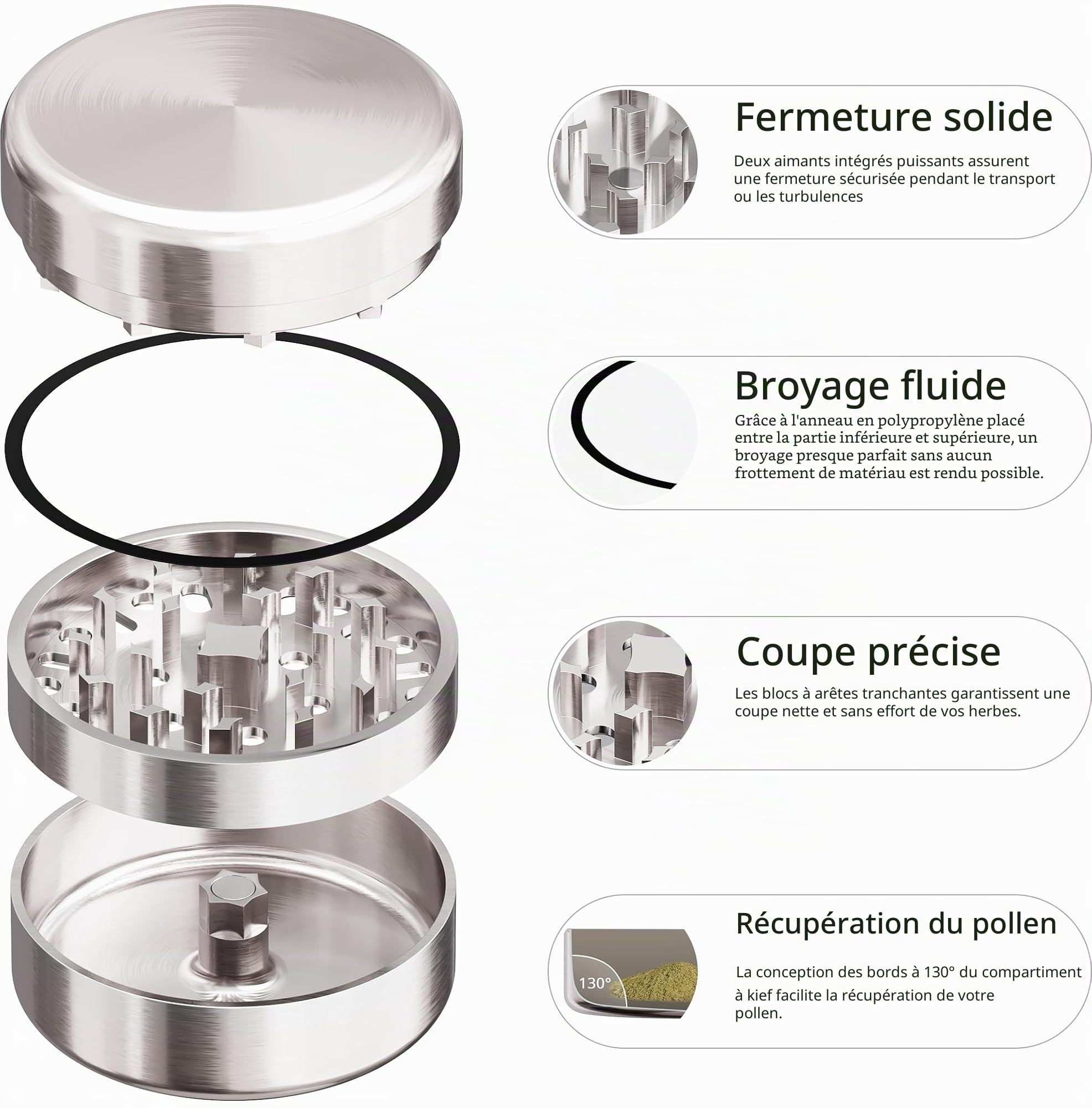 Broyeur à herbes en acier inoxydable de qualité supérieure - 3 pièces - Avec broyeur tranchant - Diamètre : 62 mm - Avec étui de protection
