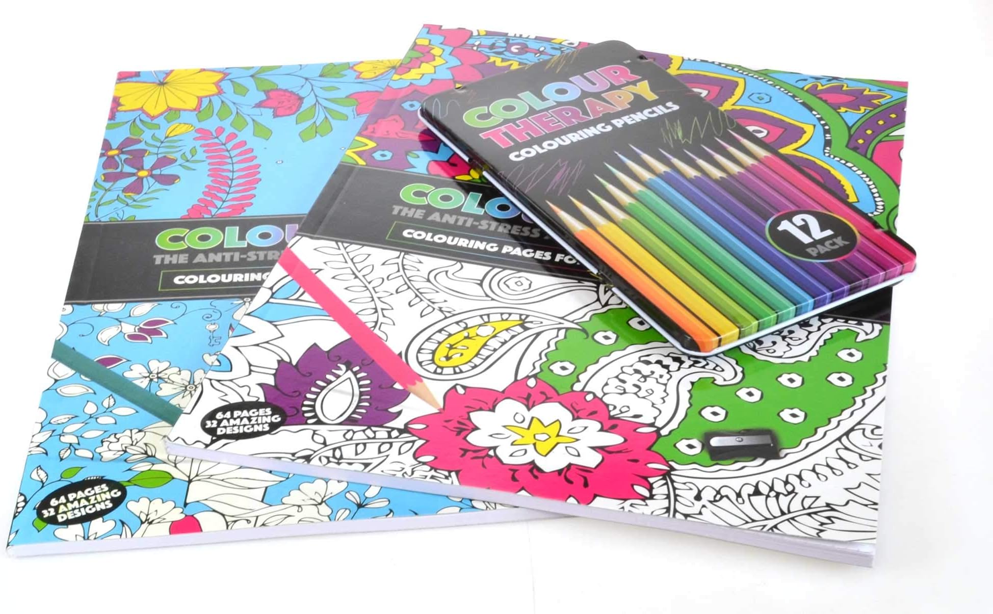 Colour Therapy Adult Colouring Multi Pack 2 x A4 Books Plus Pencils