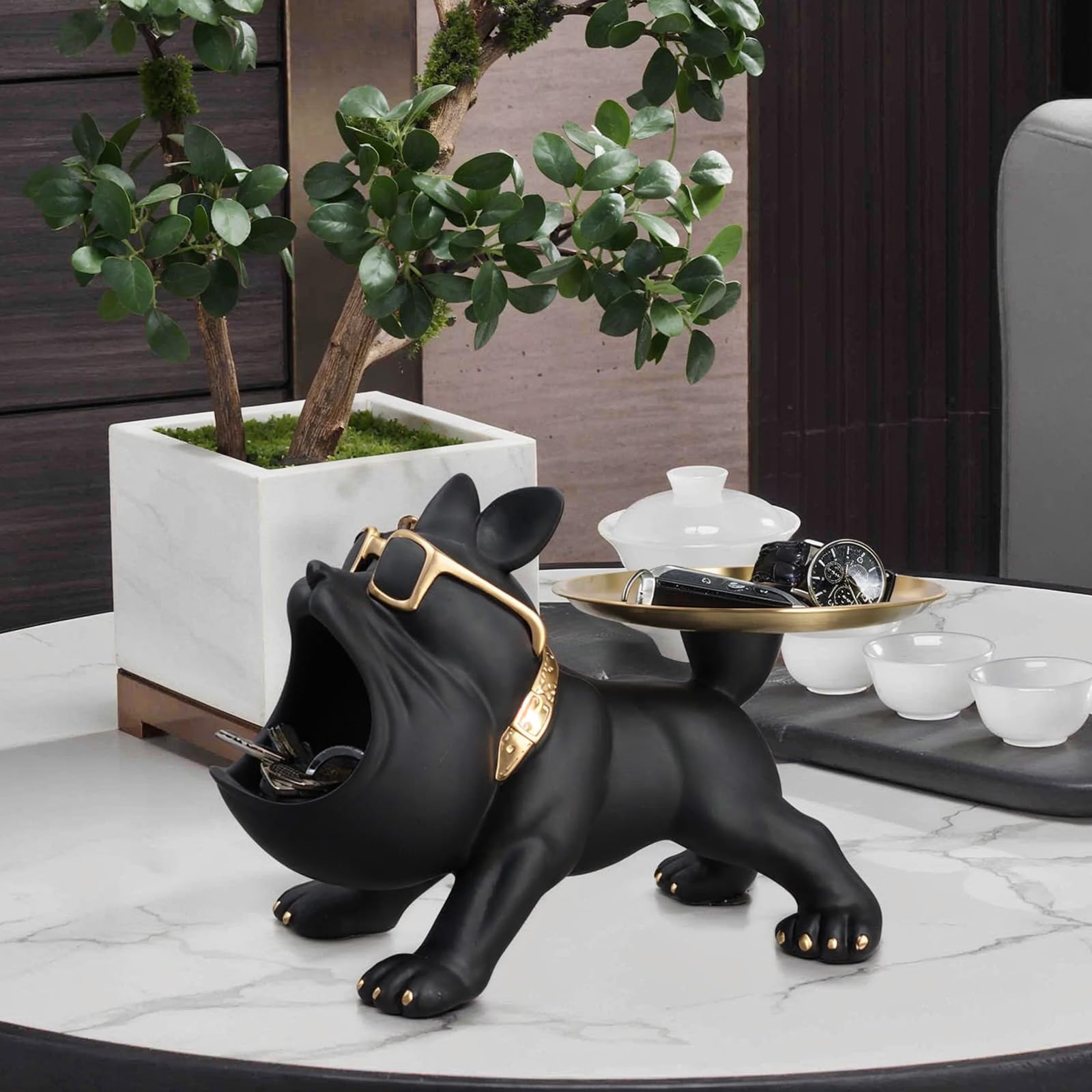 Vassoio decorativo per bulldog francese, Statua del vassoio del bulldog francese con vassoio in acciaio inossidabile, Scultura di cane in resina, Decorazione per corridoio, soggiorno, nero