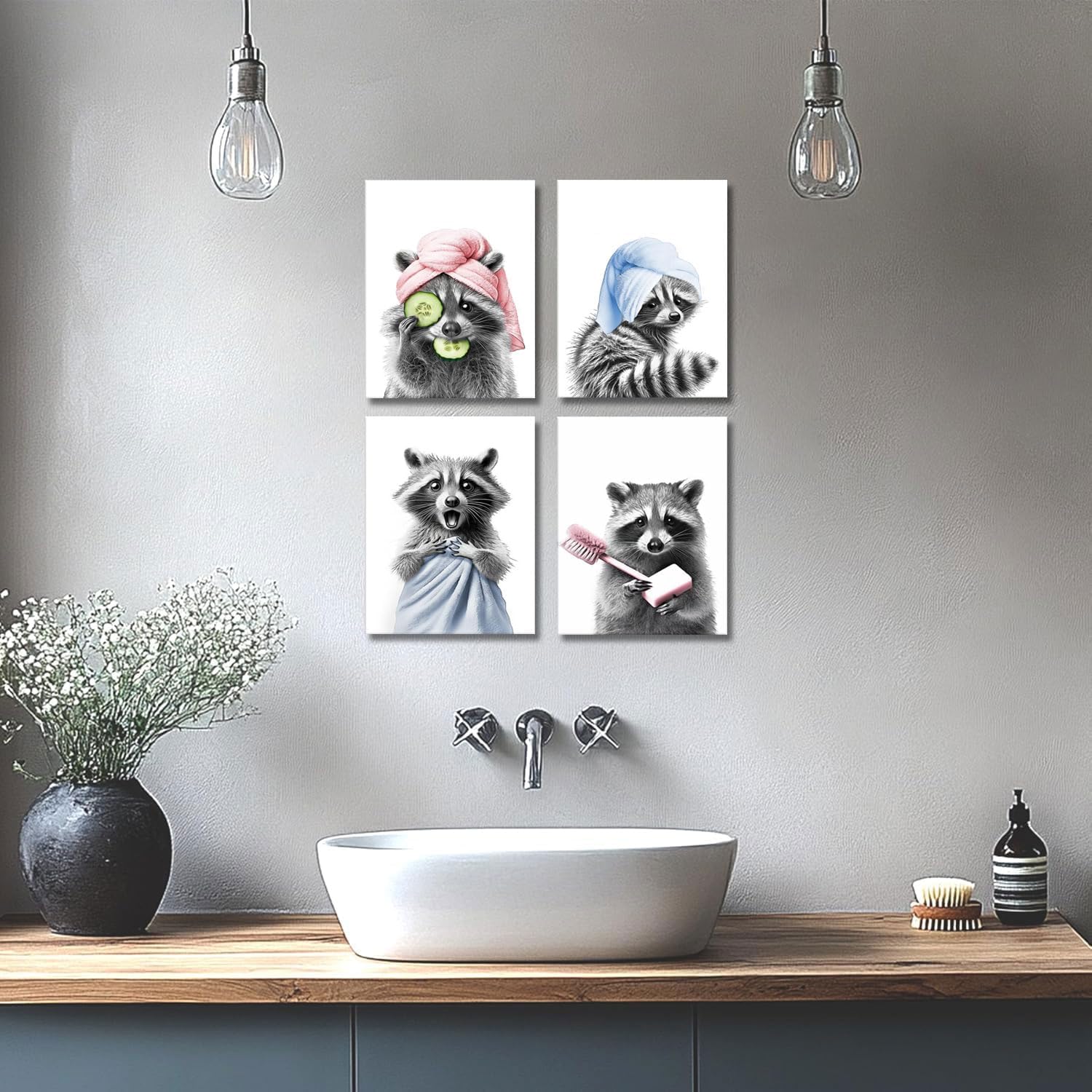 EAGLOG Raccoon Bathroom Wall Art Set of 4 -Pink and Blue Pictures Funny Animal Canvas Posters Prints for Bathroom Washroom Wall Decor 12x16 Inch Wrapped Canvas