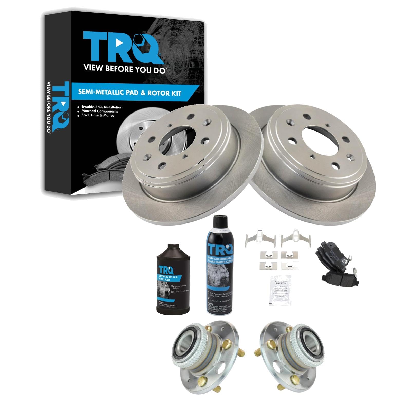 TRQ Rear Brake Pad &amp; Rotor Kit, with Chemical Kit Wheel Hub Bearing Assembly Semi-Metallic Compatible with 1990-1994 Acura Integra