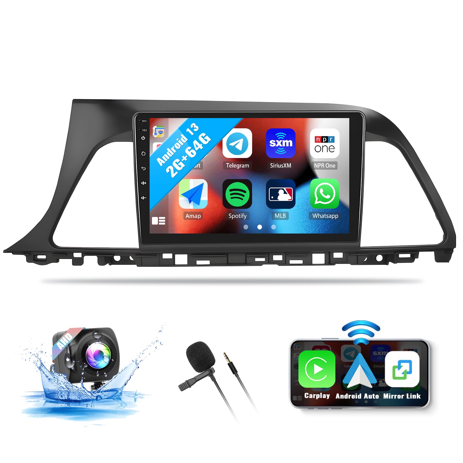 SIXWIN 2G+64G Android 13 Car Stereo for Hyundai Sonata 2015-2017 with Wireless Apple Carplay Android Auto 9 Inch Touch Screen Car Radio with GPS Navigation Bluetooth FM RDS WiFi HiFi Backup Camera MIC