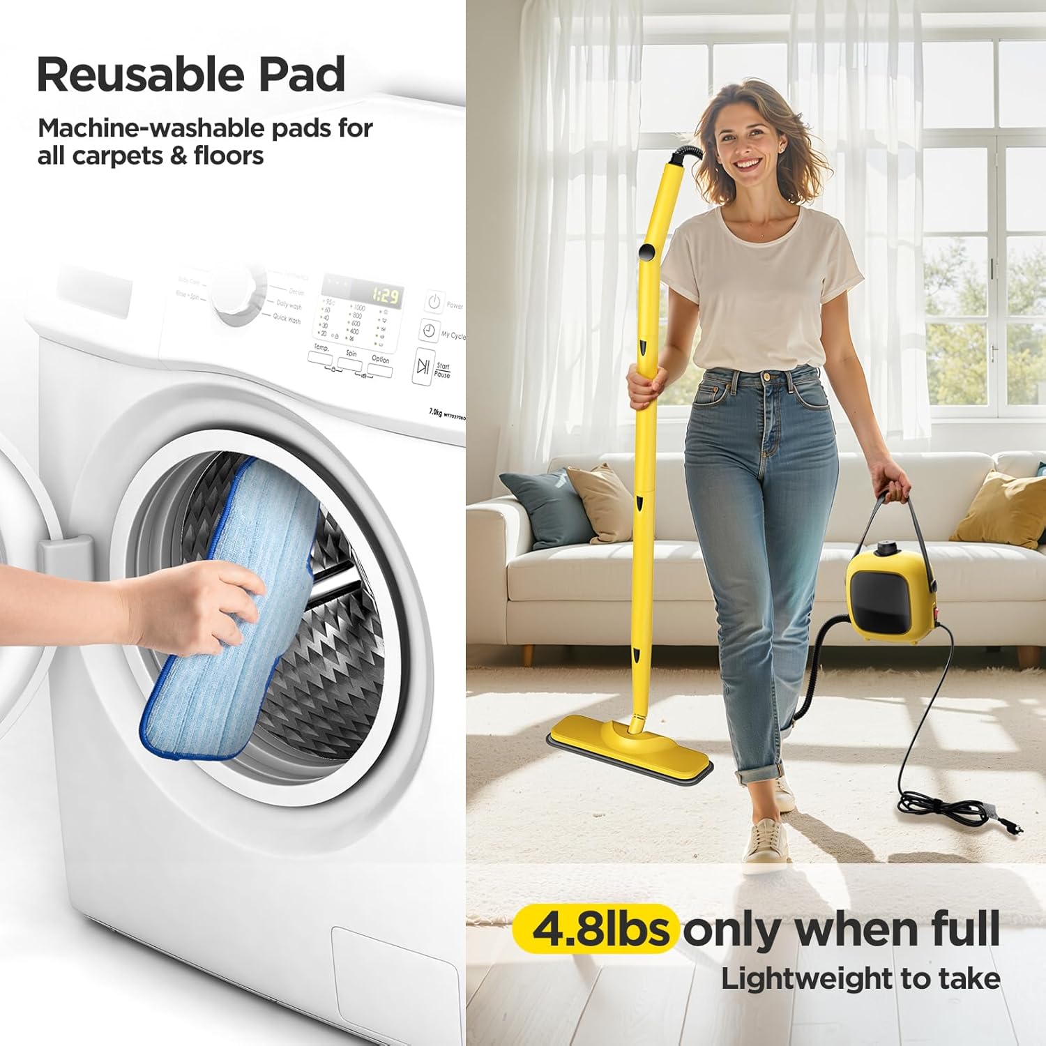 Hand placing a reusable mop pad into a washing machine, and a person holding the lightweight steam cleaner.