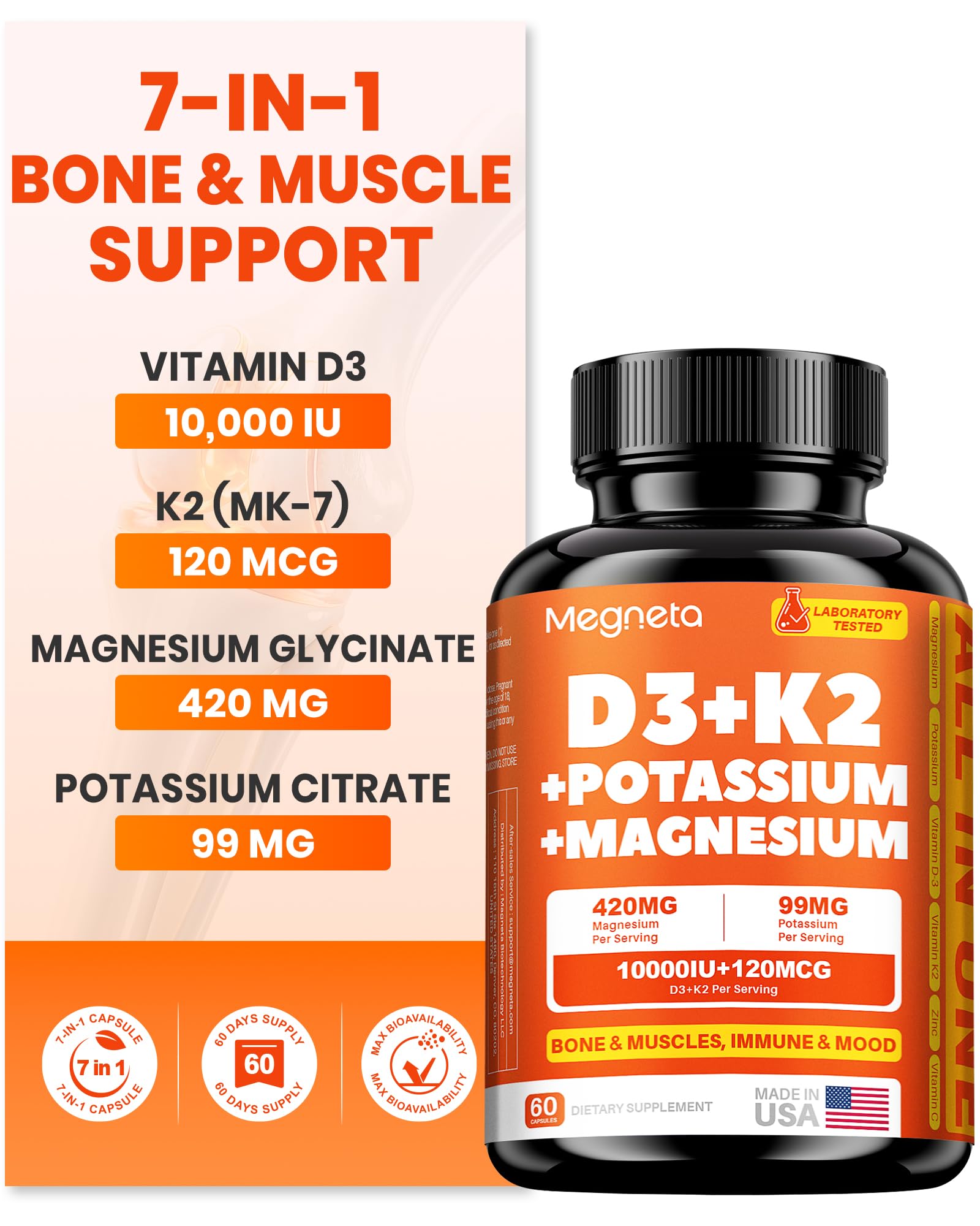 Vitamin D3 K2 MK-7 10000 IU with Magnesium Glycinate 420mg & Potassium