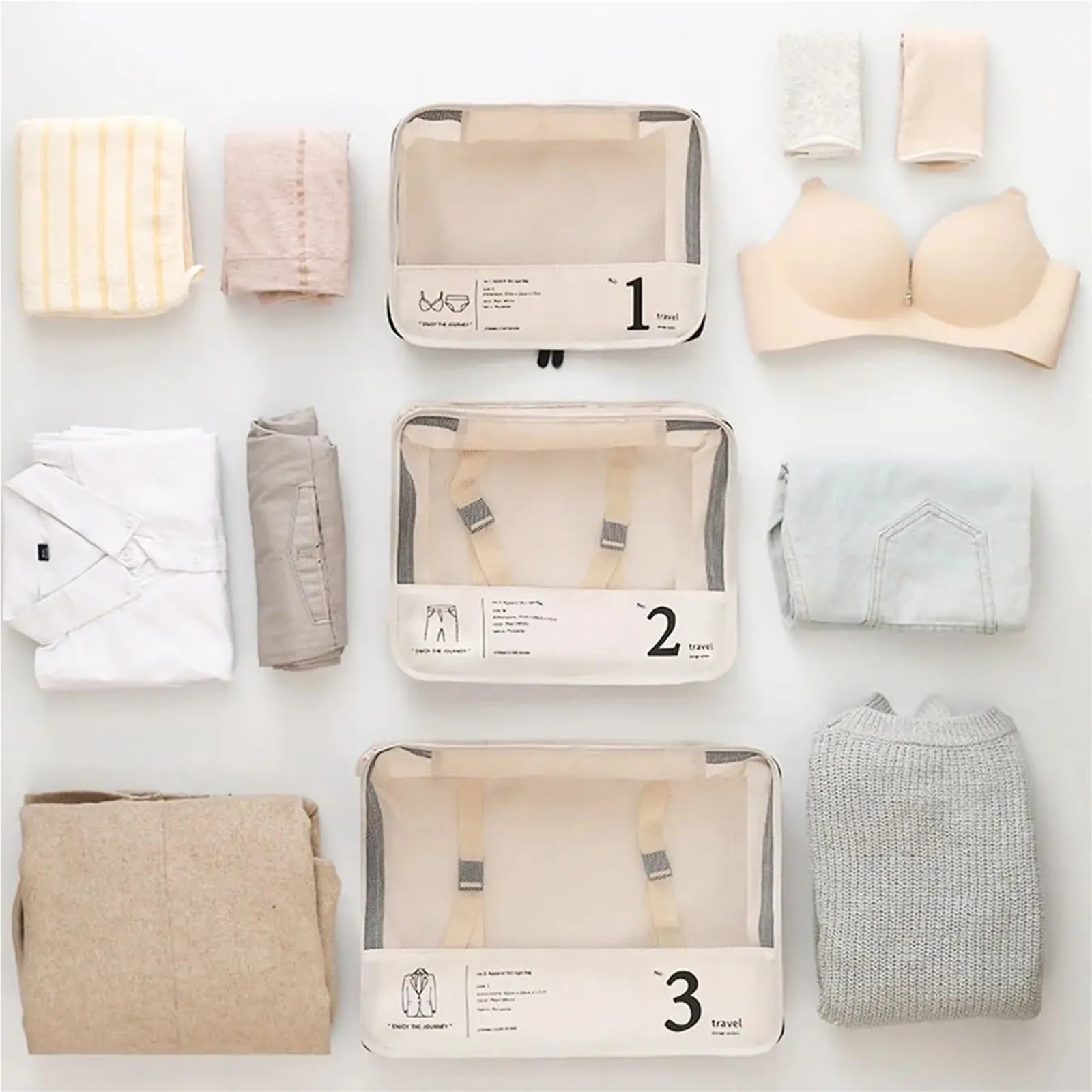7piece Travel Storage Bag Thickened Suitcase Clothing Classification para Ropa, Ropa Interior(Beige)