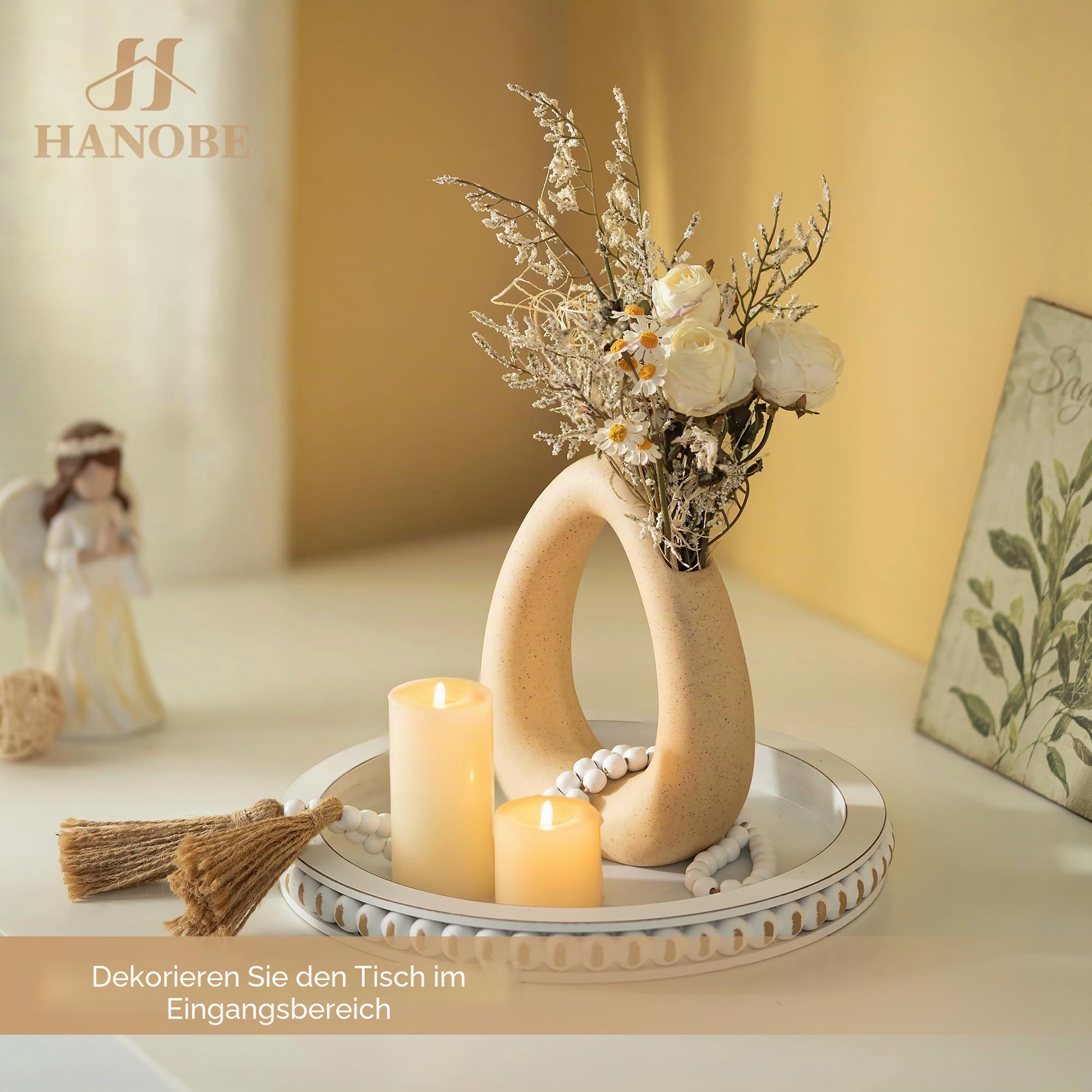 Hanobe Deko Tablett Rund Holztablett: Landhaus Tabletts Weiß Gealtert für Wohnzimmer Couchtisch 30cm Shabby Chic Holz Dekoteller mit Perlen für Küche Esstisch