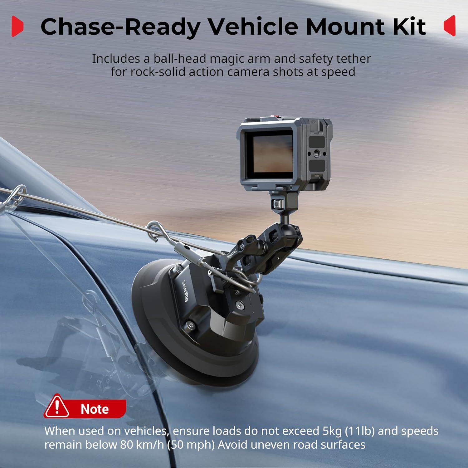 Electric camera suction cup mount used on a vehicle with a safety tether
