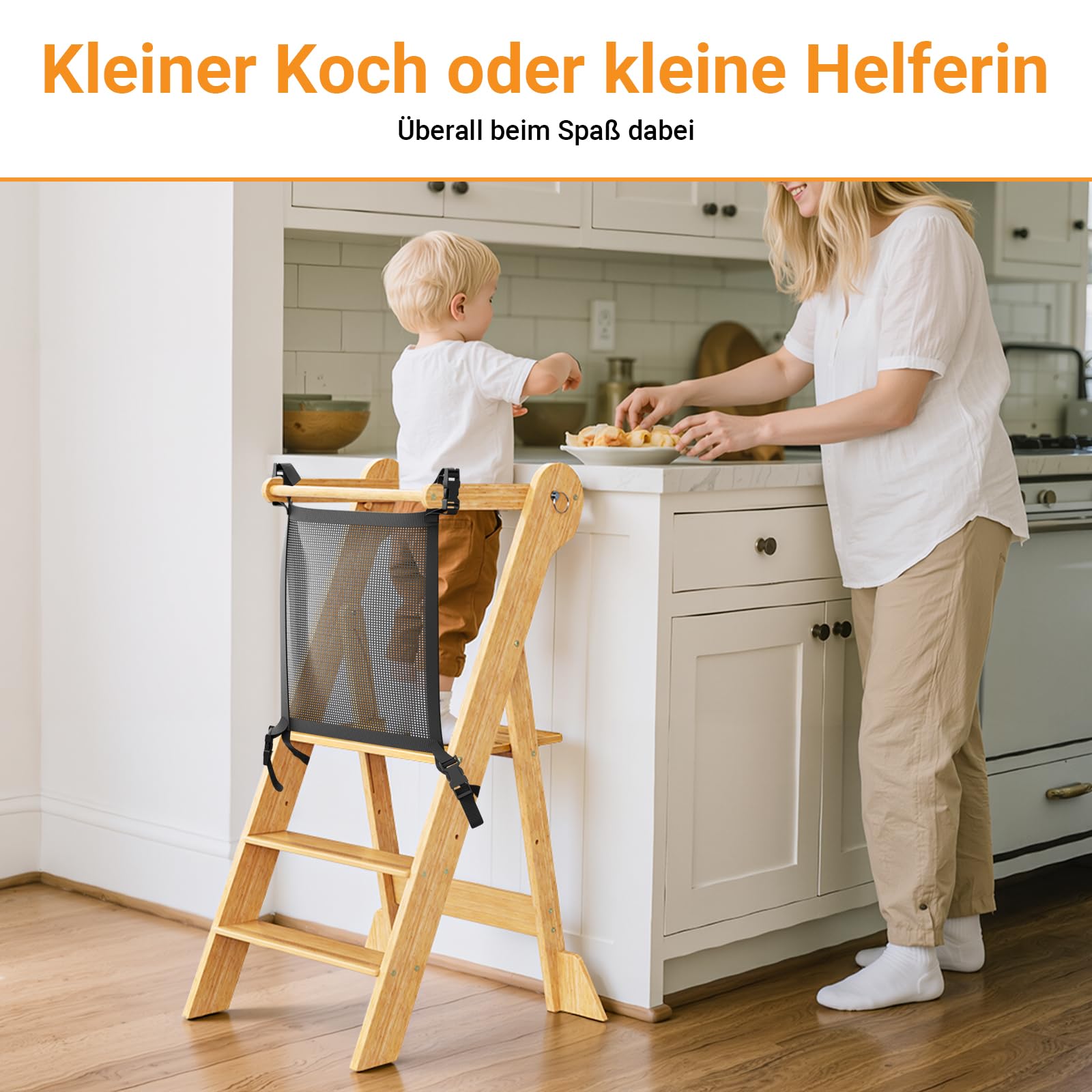 COSYLAND Montessori Lernturm ab 1 Jahr klappbar – Höhenverstellbarer Kinder Lernturm | Faltbarer Montessori Learning Tower aus Bambus | Lernstuhl Kitchen Helper - Natur