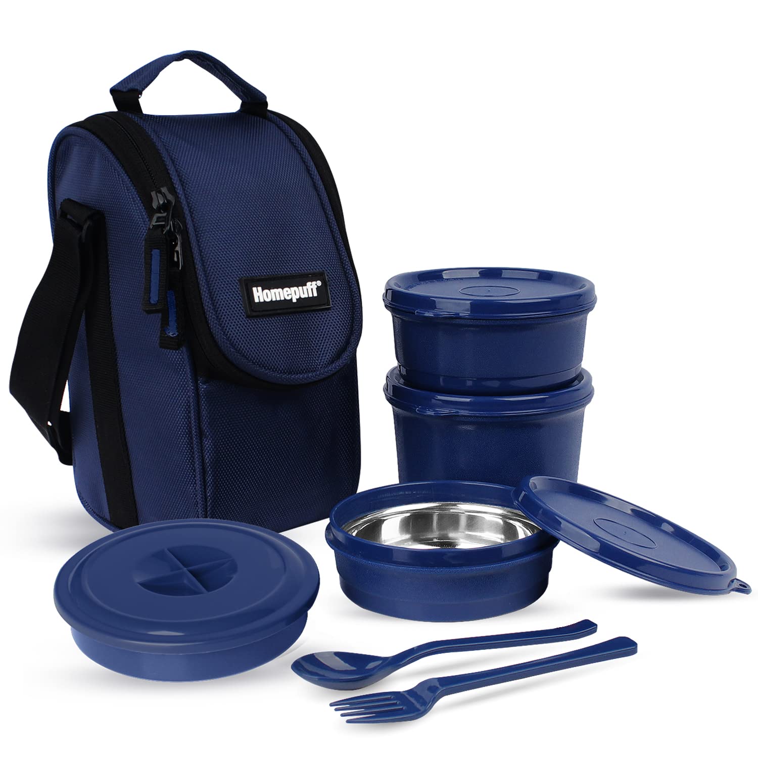 Home Puff Set of 4 Stainless Steel Insulated Lunch Boxes for Office Men & Women, Airtight & Leak Proof Tiffin Box for School, Free Lunch Bag, Easy Clean, 1500ml, Blue, Made in India,with Warranty