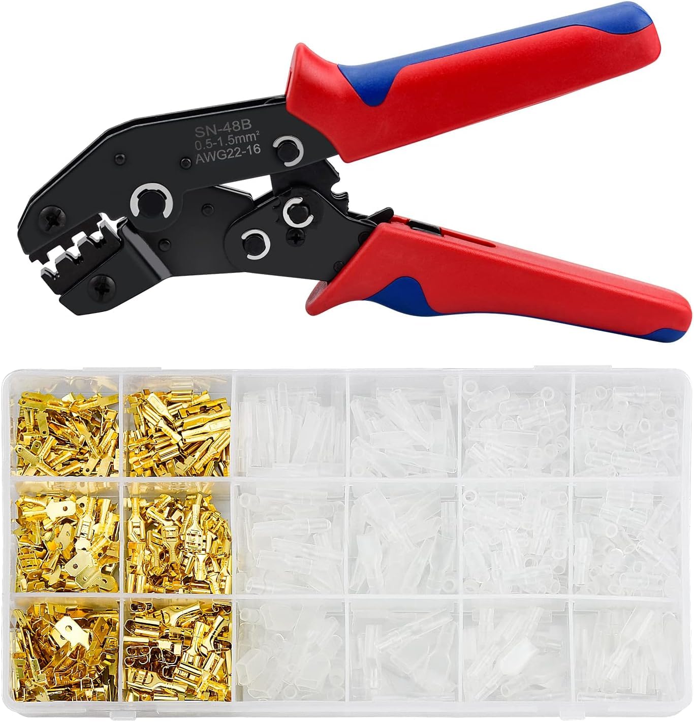 Cloudzy Wire Terminal Crimping Tool Kit Self-Adjusting Automatic Ratcheting Crimper AWG 24-16(0.25-2.5mm²) with Male & Female Spade Connectors & Insulated Sleeves Non-Insulated Crimping Pliers