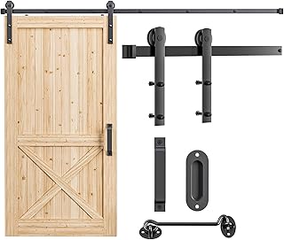 Signstek 8FT Sliding Barn Door Hardware Kit Heavy Duty with Door Hook and 2 Handles - Easy to Install -Smoothly and Quietly - Fit 1 3/8-1 3/4" Thickness -Black (I Shape Hanger)