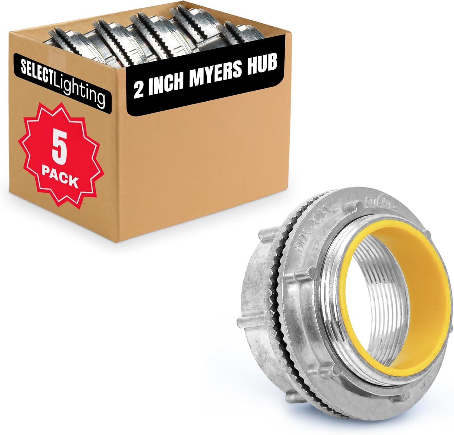 SELECT 5 Pack Lighting Zinc Die Cast Myers Hub, 2 Inch Watertight Conduit Hub with O-ring and Threaded Connection, Liquid Tight Conduit Connector