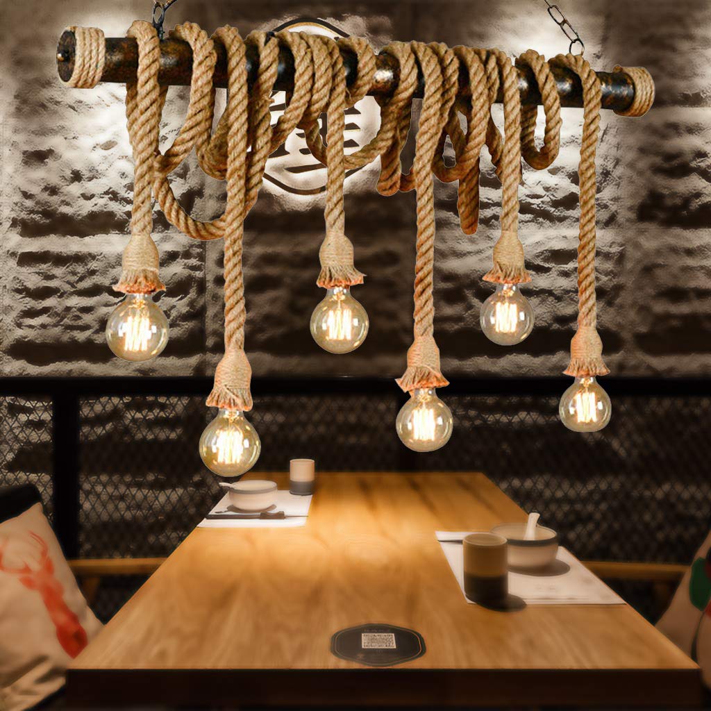 Lampadario in Legno - Stile Industriale Moderno - Corda di Canapa Regolabile - Nero - 3 Luci