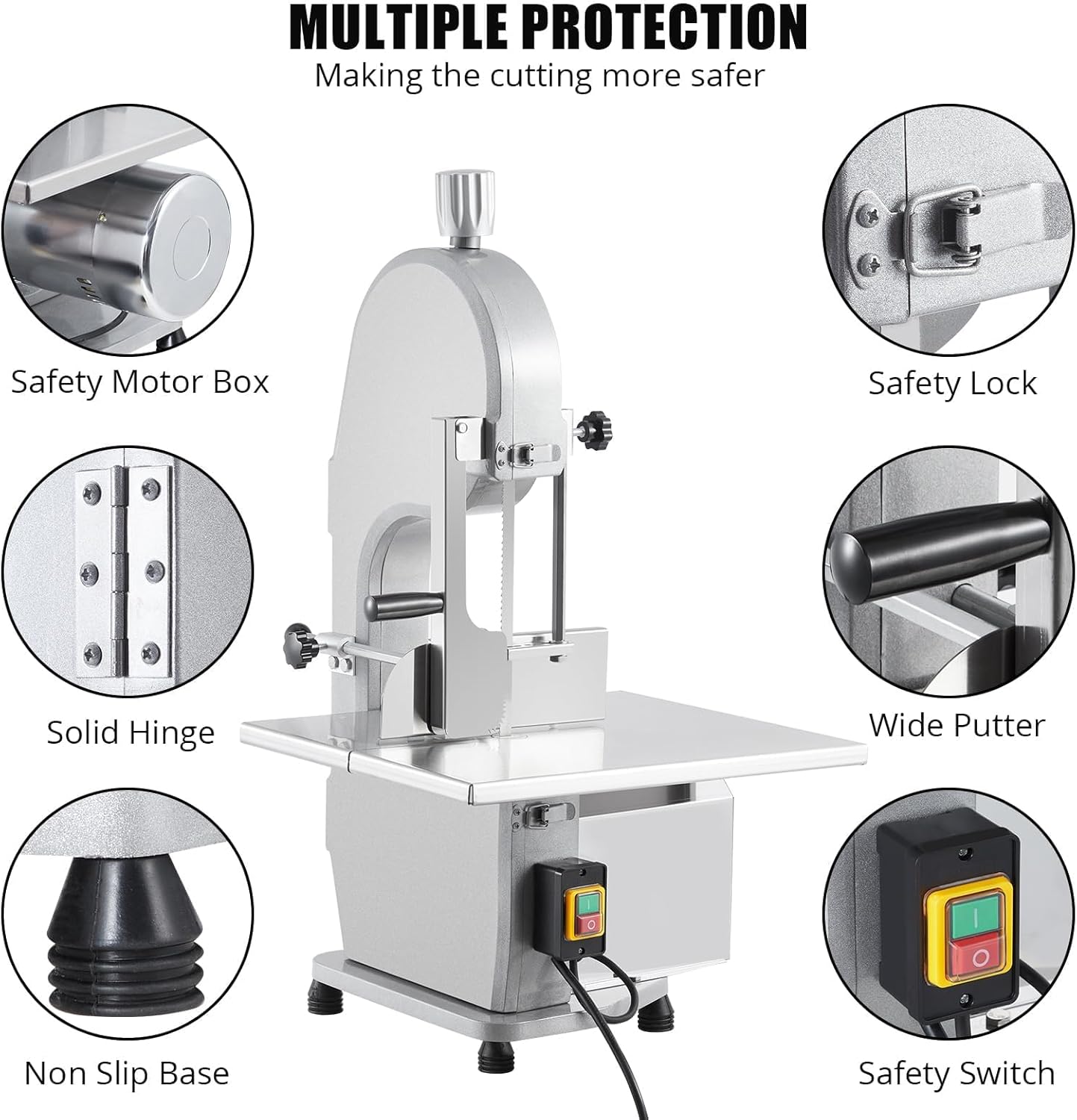 1100W Commercial Electric Bone Saw Machine, Frozen Meat & Bone Cutter with 5 Saw Blades, Adjustable 0.16-7.09 Inch Thickness, 19.3"x15" Stainless Work Table for Butcher Shops, Restaurants, Supermarket