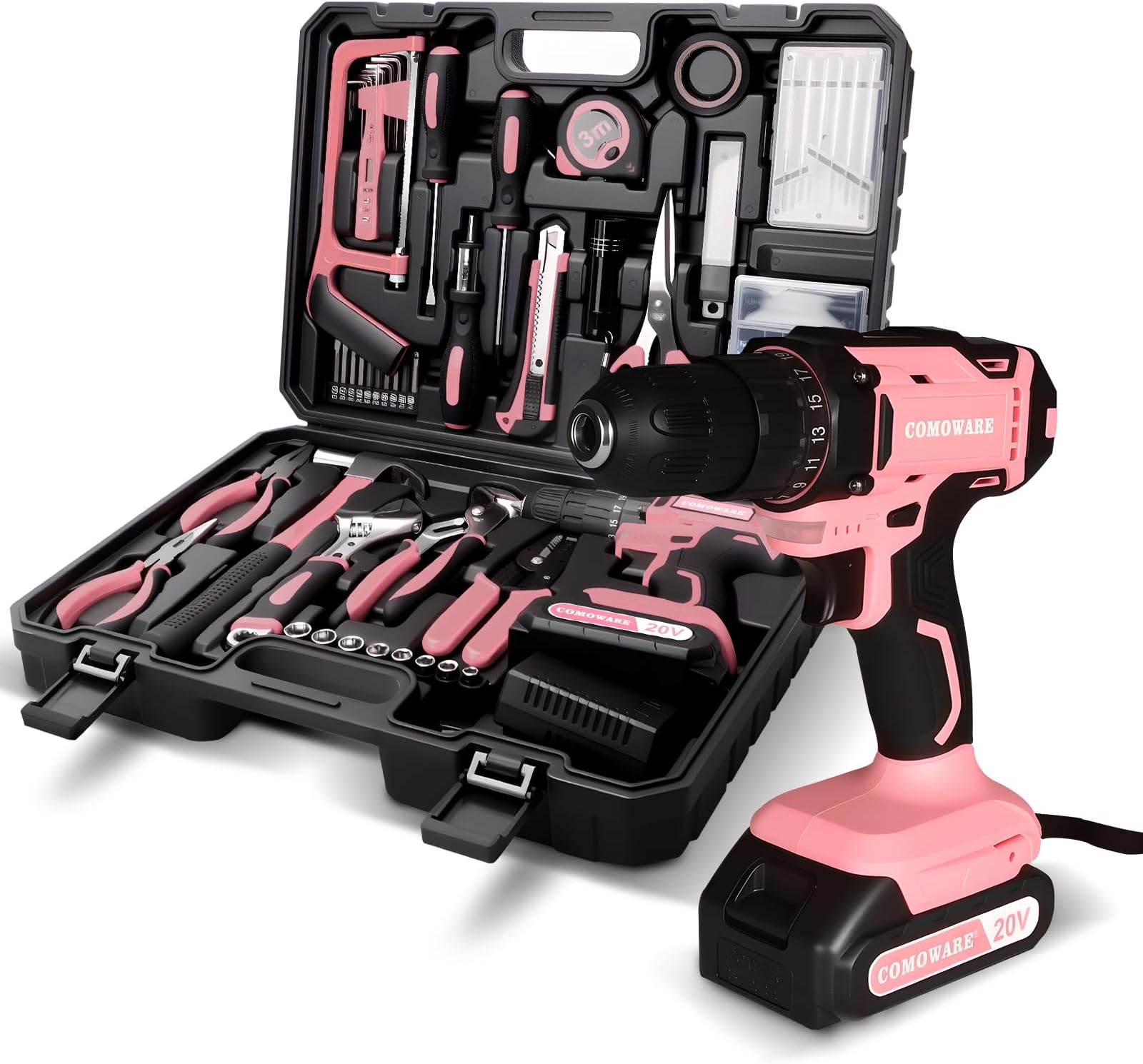 COMOWARE Pink Household Tool Set with 20V Cordless Drill Driver, 120Pcs Hand Tool Kit for Women, Power Drill Set with Plastic Toolbox, Ideal for Office, Garden, DIY Project