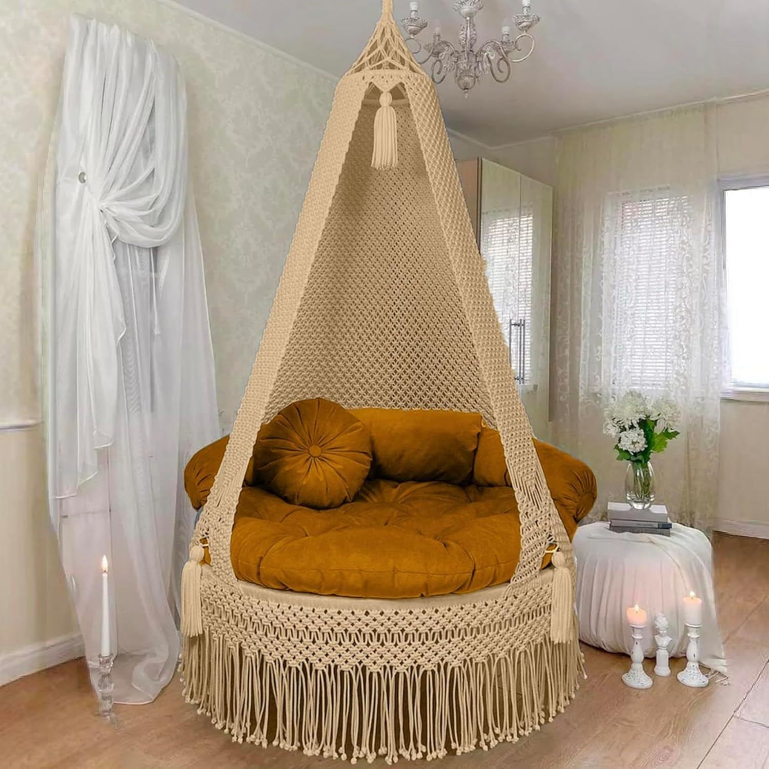 Cotton Macrame Hanging Swing Chair with Cushion for Indoor Outdoor Use, Boho Hammock Swing Seat for Balcony, Living Room, Garden Patio, Terrace Relaxing Chair (Cream)-image-3