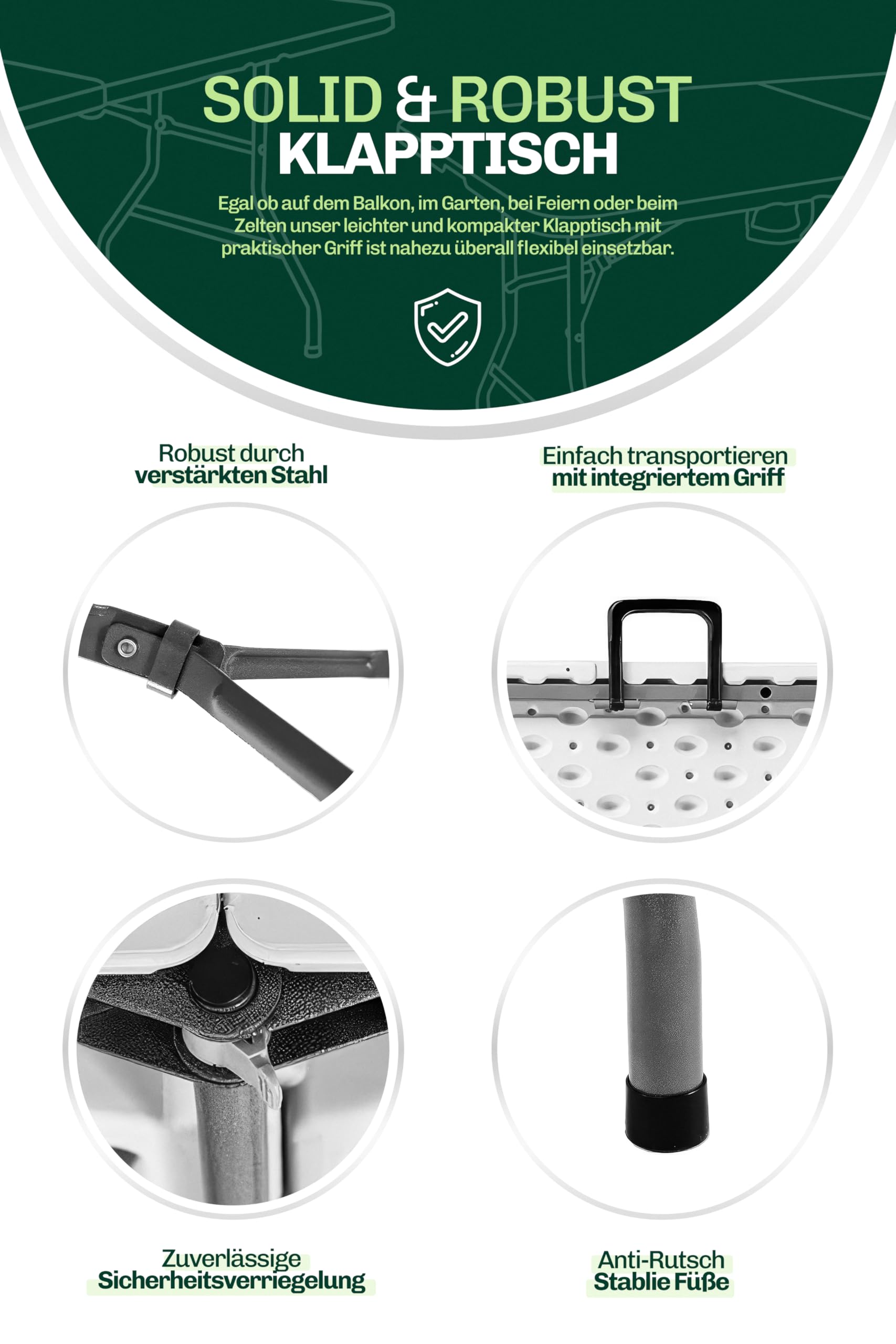 Blumixx Campingtisch klappbar 180x74x74 - Leichter Klapptisch mit Tragegriff, Gartentisch wetterfest, Buffettisch faltbar für Camping, Garten, Balkon, Festival & Outdoor - Wetterfest, Stabil & Leicht
