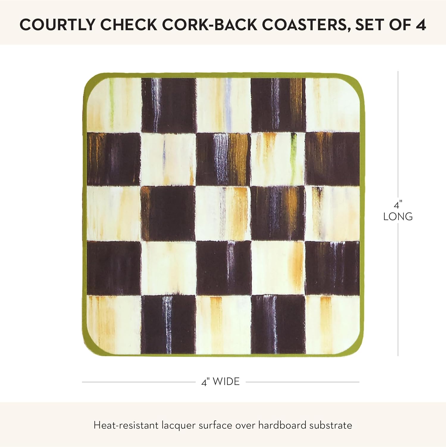 MacKenzie-Childs Square Cork-Back Coaster Set, Table Coasters for Drinks, Set of 4, Black-and-White Courtly Check