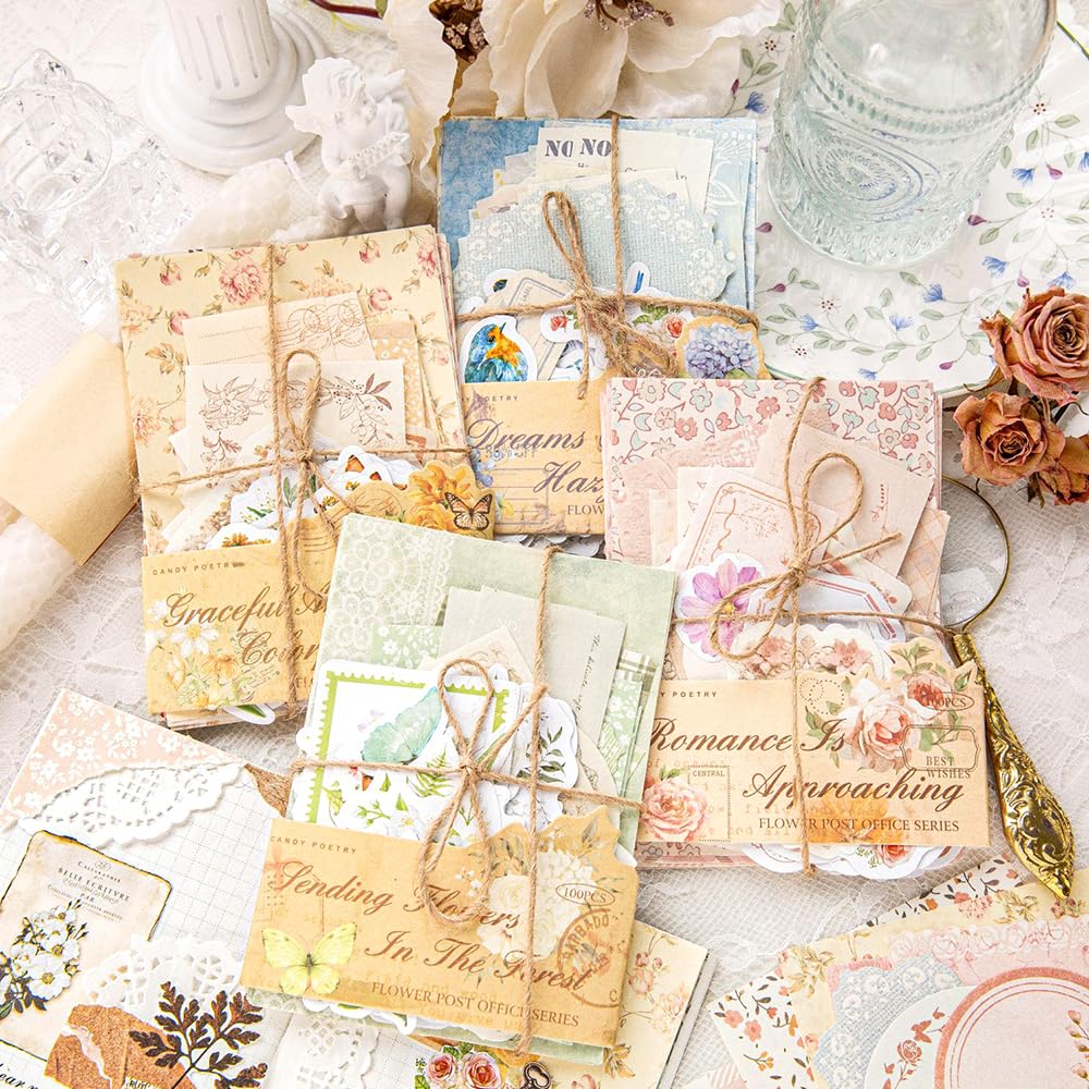 Confezione da 400 adesivi vintage per album di ritagli, per découpage, fiori, album di ritagli, etichette di carta, adesivi per diari, diari, collage, quaderni artigianali