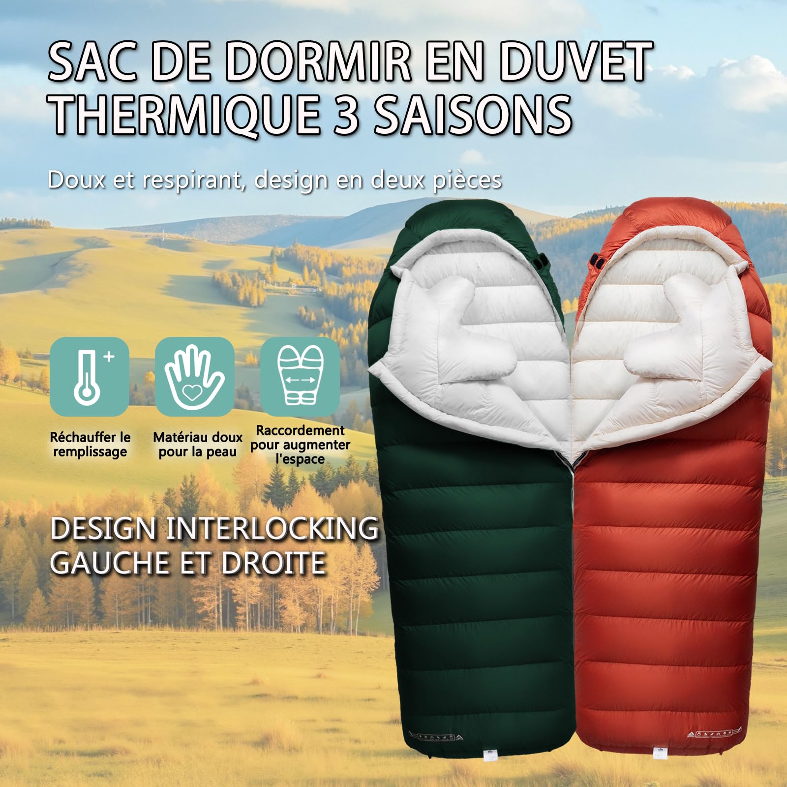 Sac de Couchage en Duvet pour Adulte, 680 FP, Sac de Couchage d'extérieur pour l'extérieur, Convient pour Le Camping, la randonnée et Les Voyages, Sac de Compression Inclus.