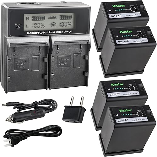 Kastar Paquete de 4 baterías BP-A60 y cargador rápido dual AC LCD compatible con Canon BP-A30 BP-A60 BP-A65 BP-A90 US 0870C002, cargador CG-A10