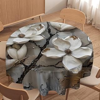 White Flower Oil Painting Round Tablecloths, Abstract Art Plant Magnolia Floral Washable Holiday Decor Table Cover for Kitchen, Dining, Party, 36Inch