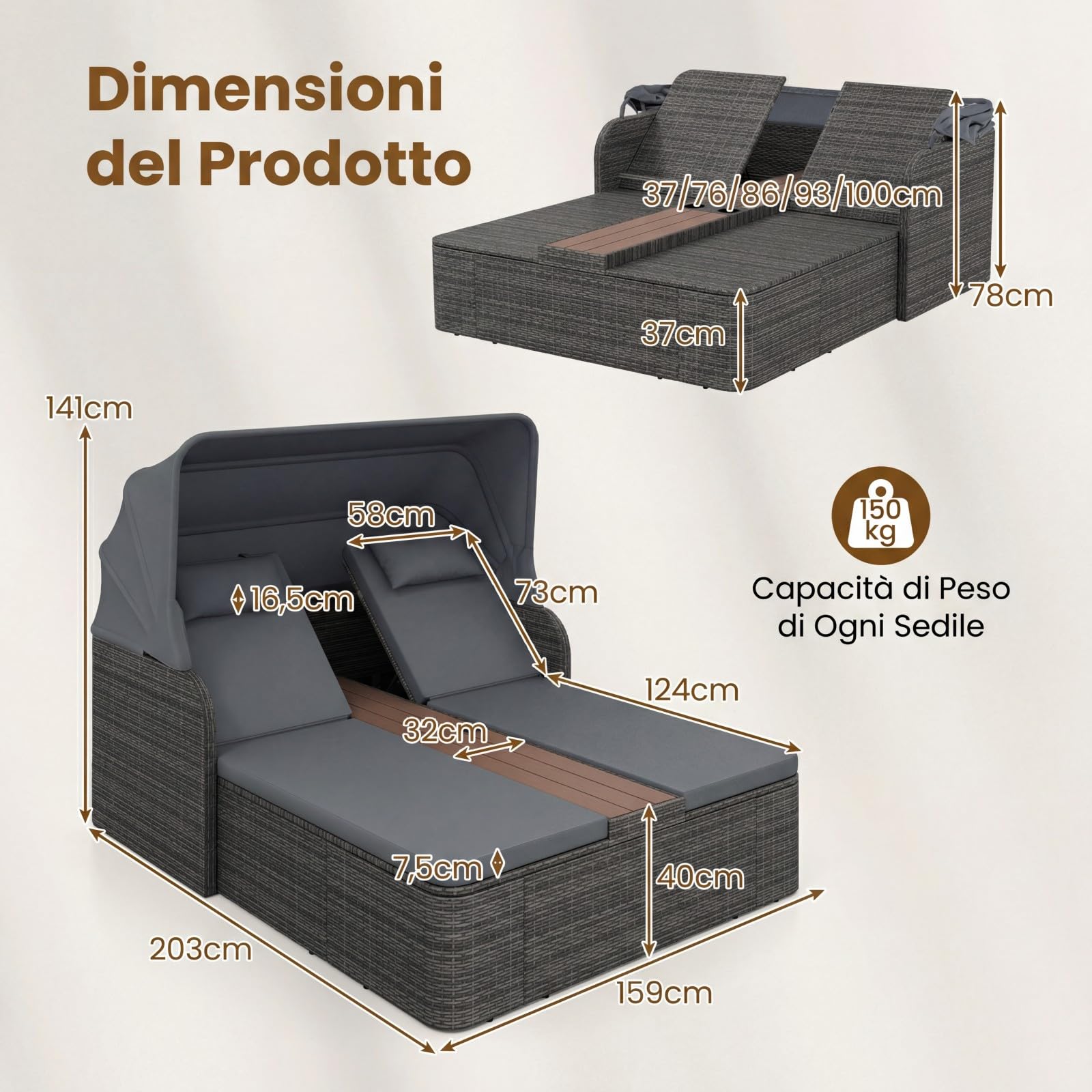 COSTWAY Letto Prendisole Matrimoniale per 2 Persone, Lettino da Giardino in Rattan con Tetto Retrattile e Schienali Regolabili, Isola Prendisole con Tavolino e Portabicchieri per Relax (Grigio)