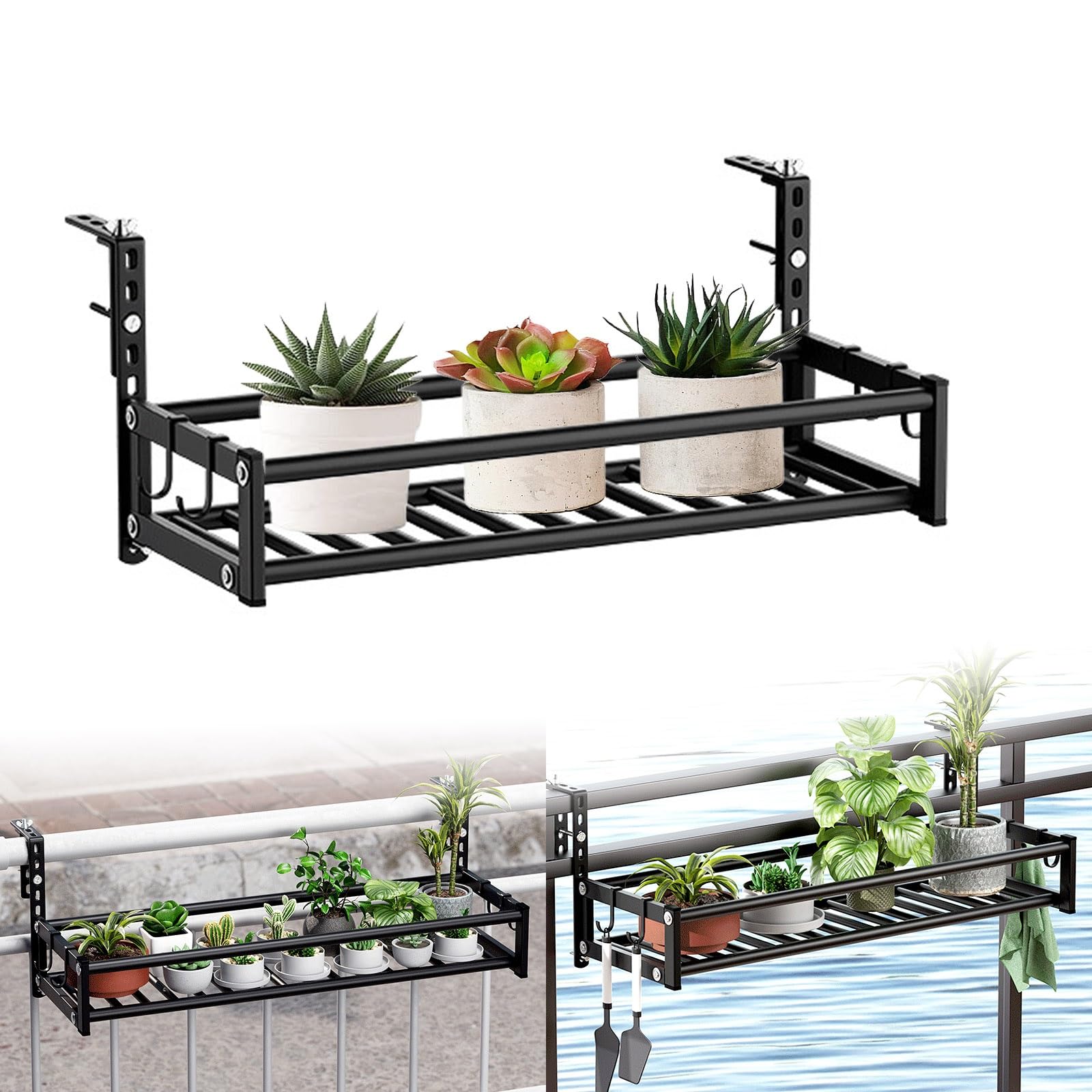 Crochet de suspension réglable pour balcon - Gris - 43 x 24,5 x 26 cm - Facile à installer - Support robuste pour plantes - Idéal pour la décoration de jardin en plein air - Design gain de place