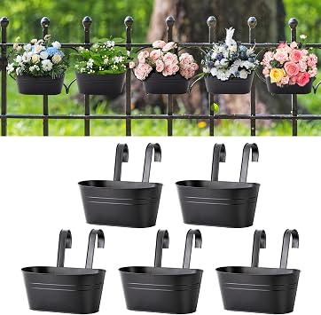5 Pcs Iron Hanging Flower Pots 11 Inch Hanging Planters for Outdoor Plants Metal Hanging Bucket Pots Iron Railing Fence Planter with Drainage Holes and Hooks for Porch Railing Balcony FenceBlack