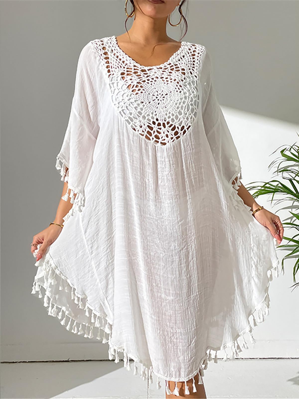Strandkleid Fringe Tassel Embroidery Half Sleeve Tunic Beach Cover Up Cover-ups Long Beach Dress Beach Wear Beachwear Female Women Strandkleider(Orange)